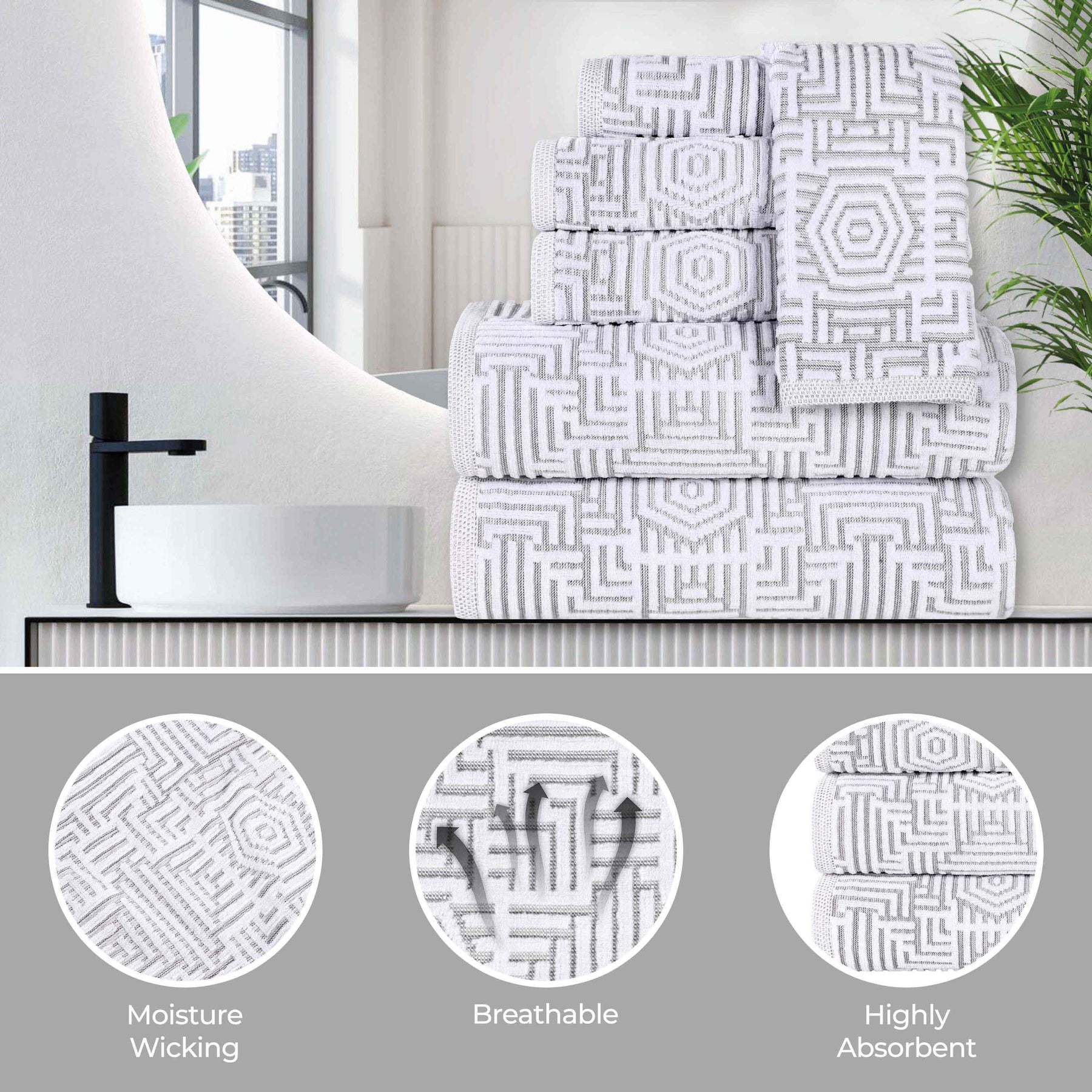 Cotton Modern Geometric Jacquard Plush Absorbent 6 Piece Towel Set