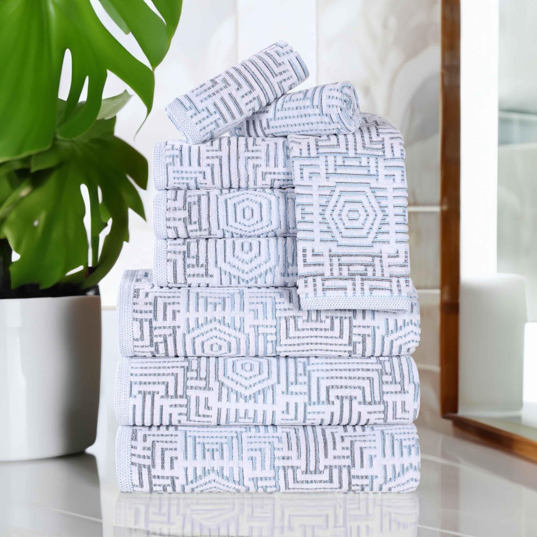 Cotton Modern Geometric Jacquard Plush Absorbent 9 Piece Towel Set