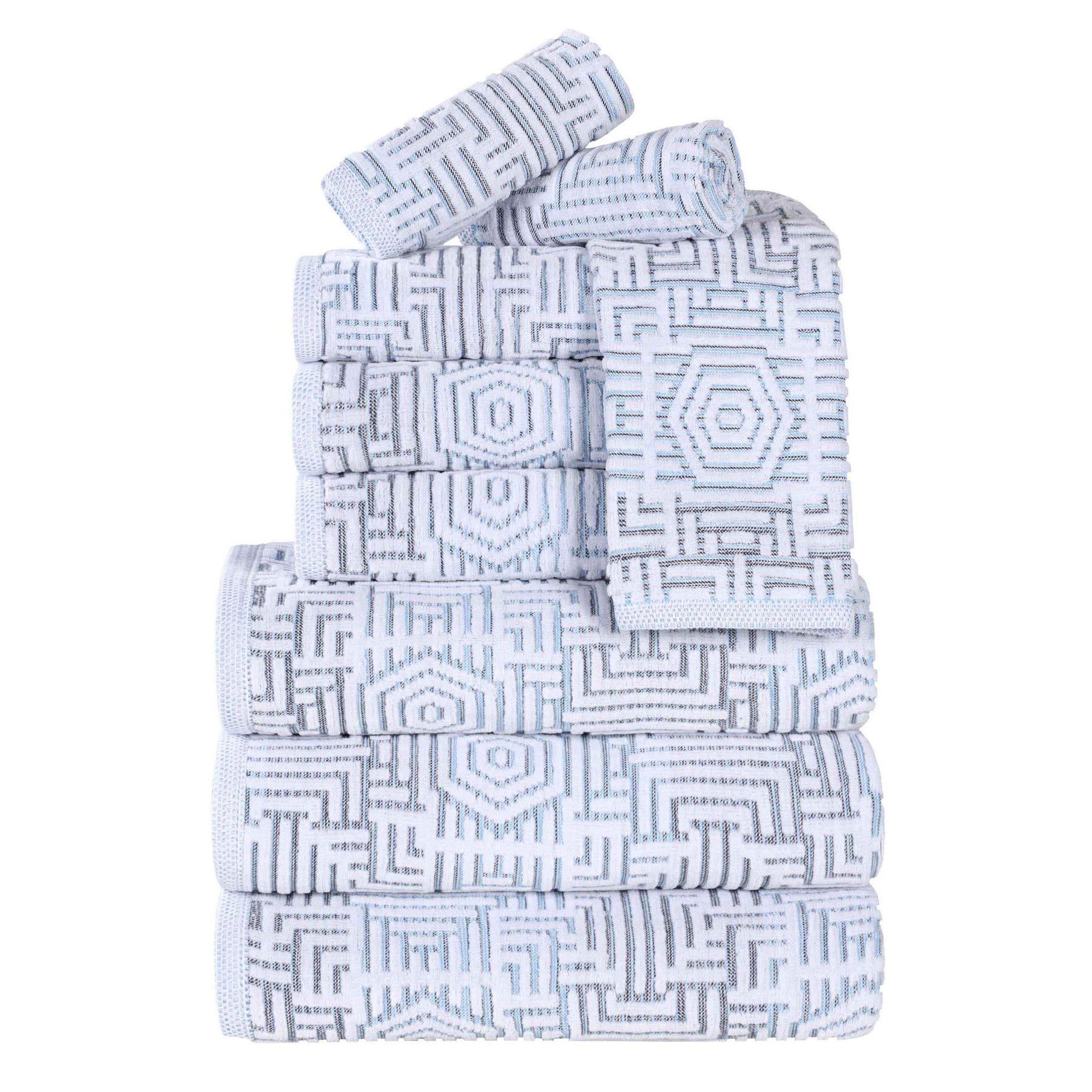 Cotton Modern Geometric Jacquard Plush Absorbent 9 Piece Towel Set