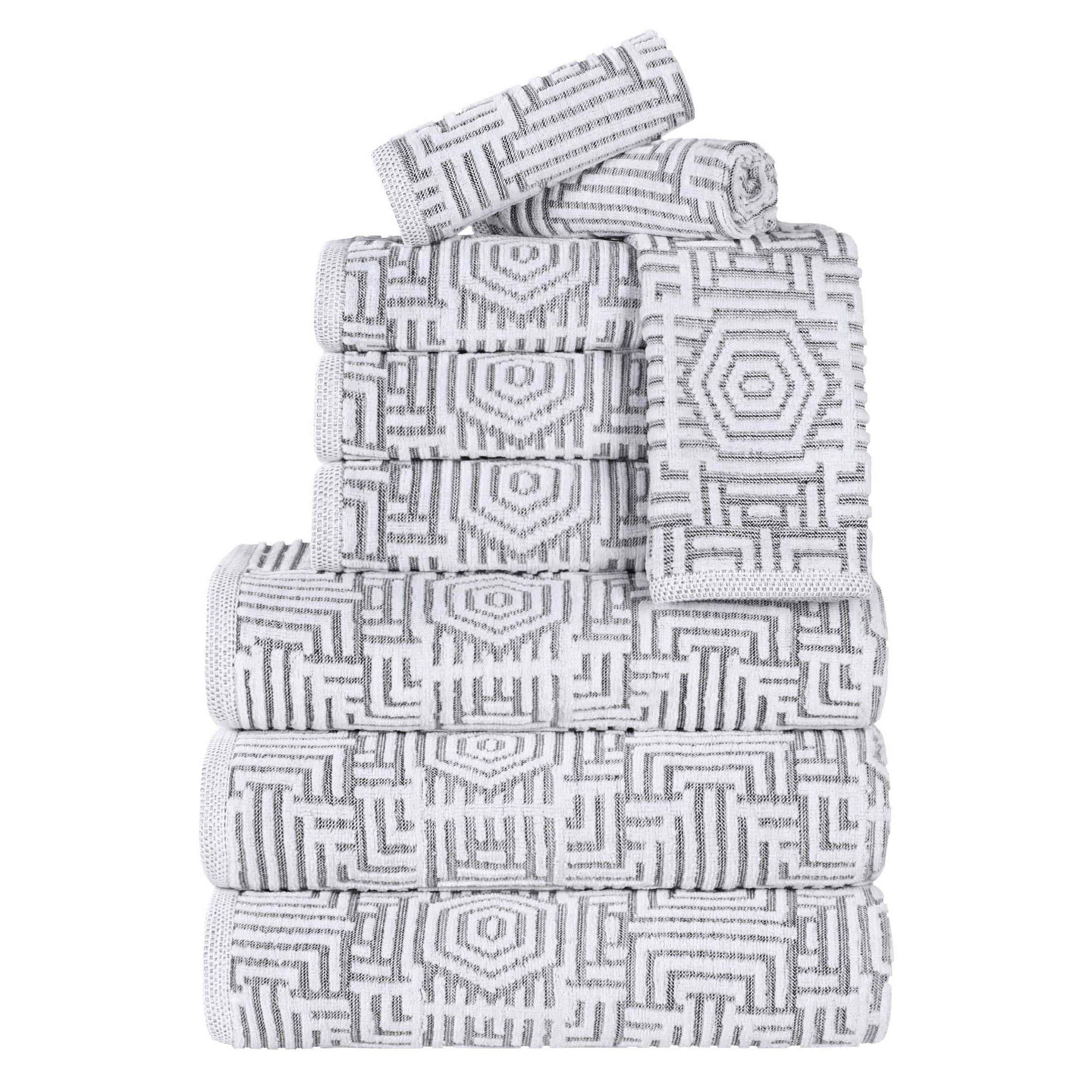 Cotton Modern Geometric Jacquard Plush Absorbent 9 Piece Towel Set