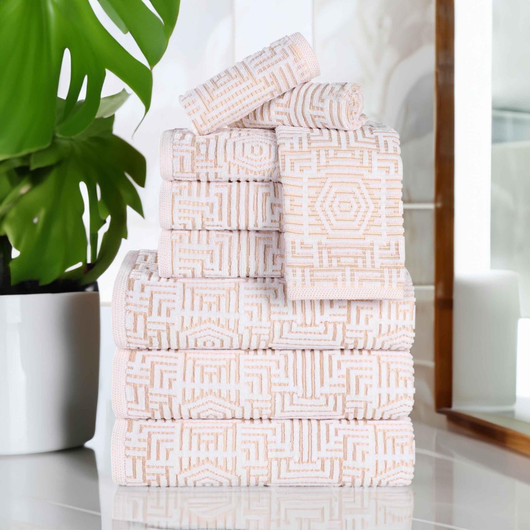 Cotton Modern Geometric Jacquard Plush Absorbent 9 Piece Towel Set
