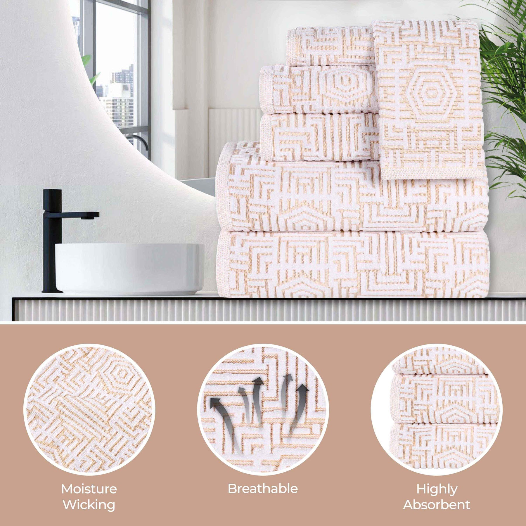 Cotton Modern Geometric Jacquard Plush Absorbent Hand Towel Set of 6