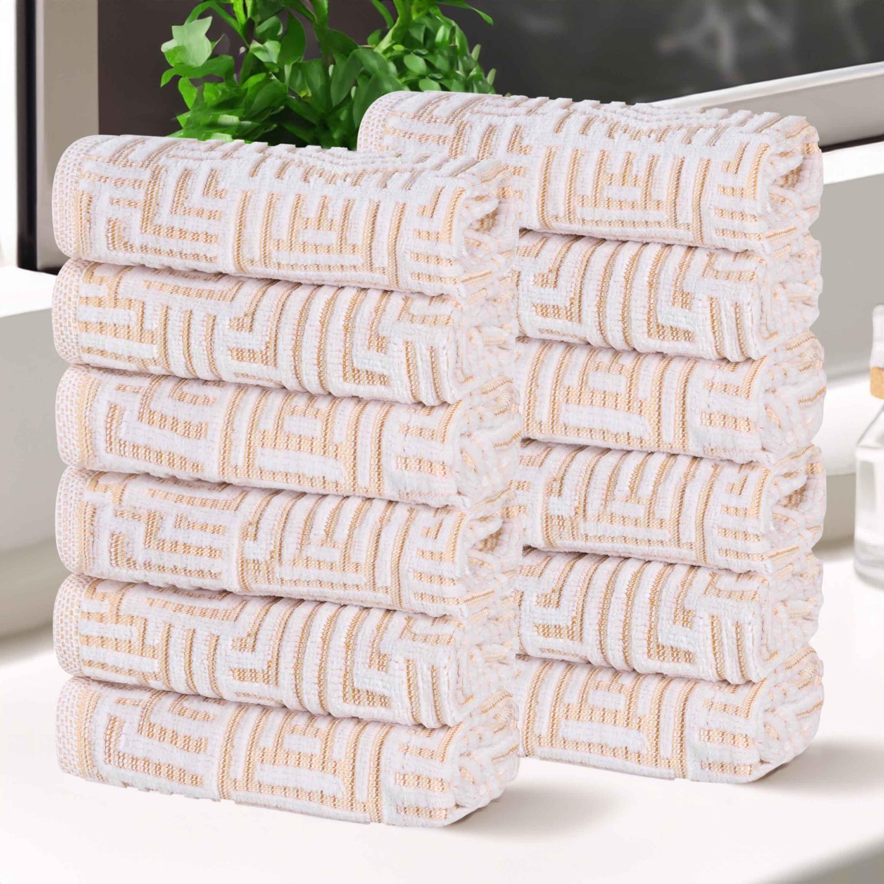 Cotton Modern Geometric Jacquard Plush Face Towel Washcloth Set of 12
