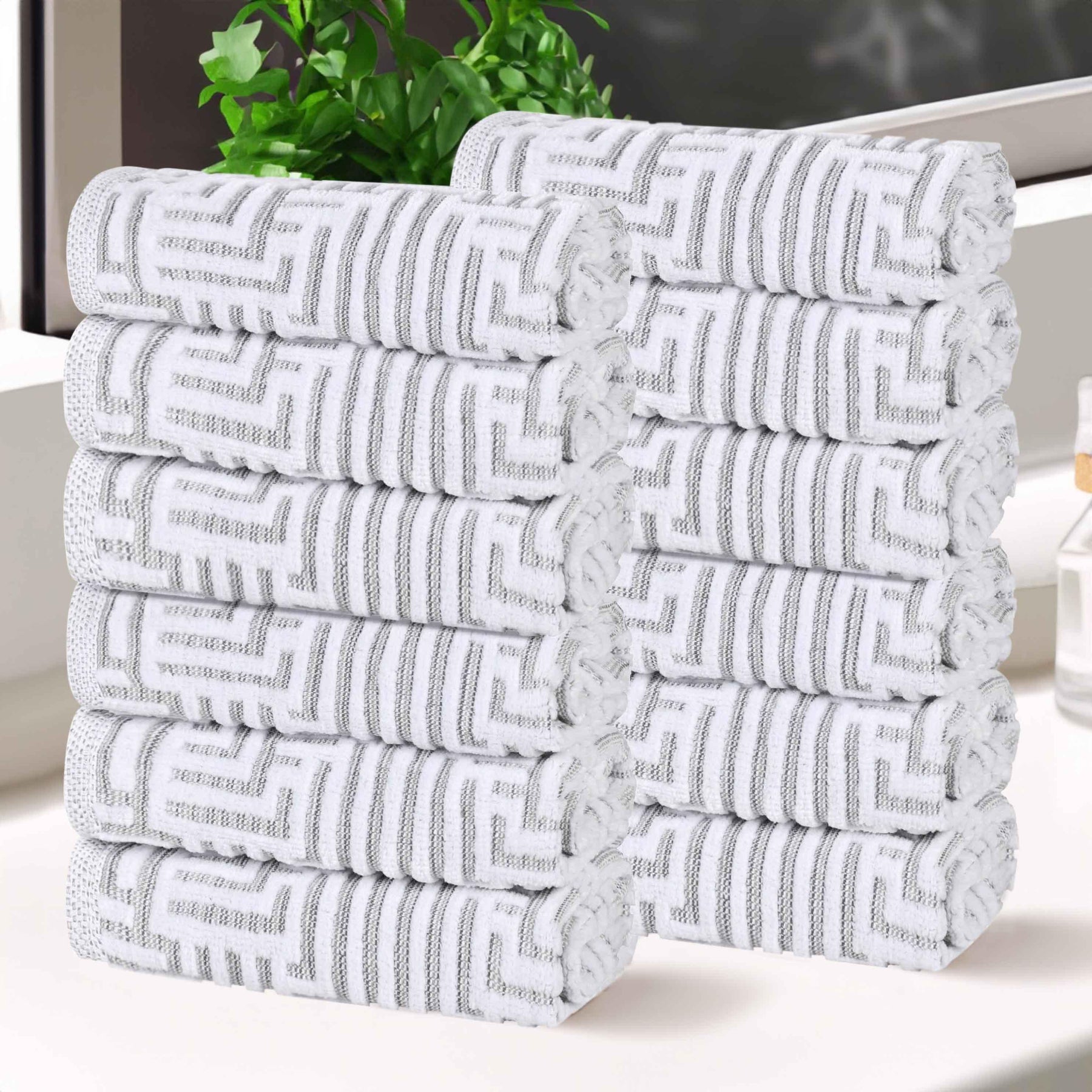 Cotton Modern Geometric Jacquard Plush Face Towel Washcloth Set of 12