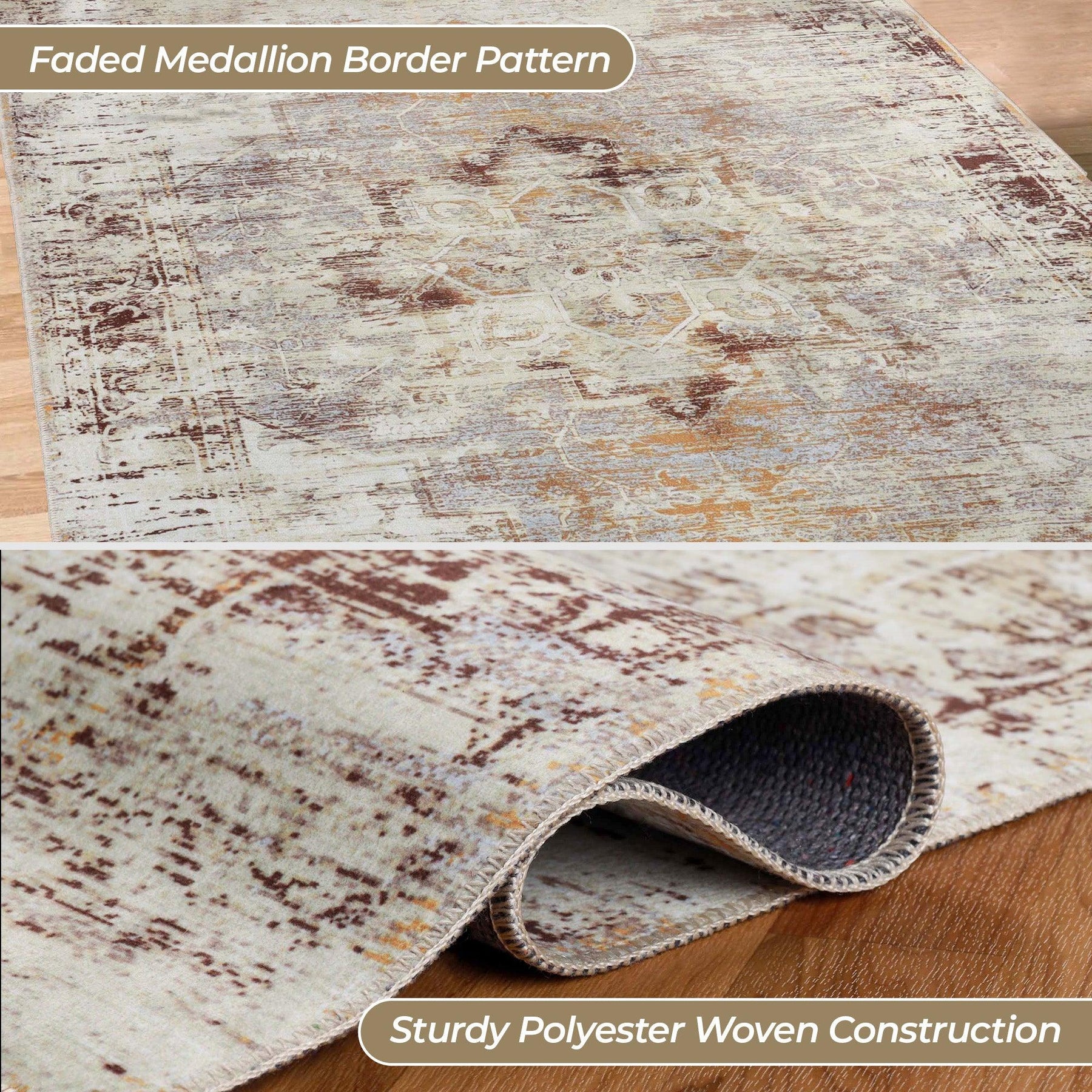 Dove Rustic Distressed Faded Medallion Washable Indoor Area Rug