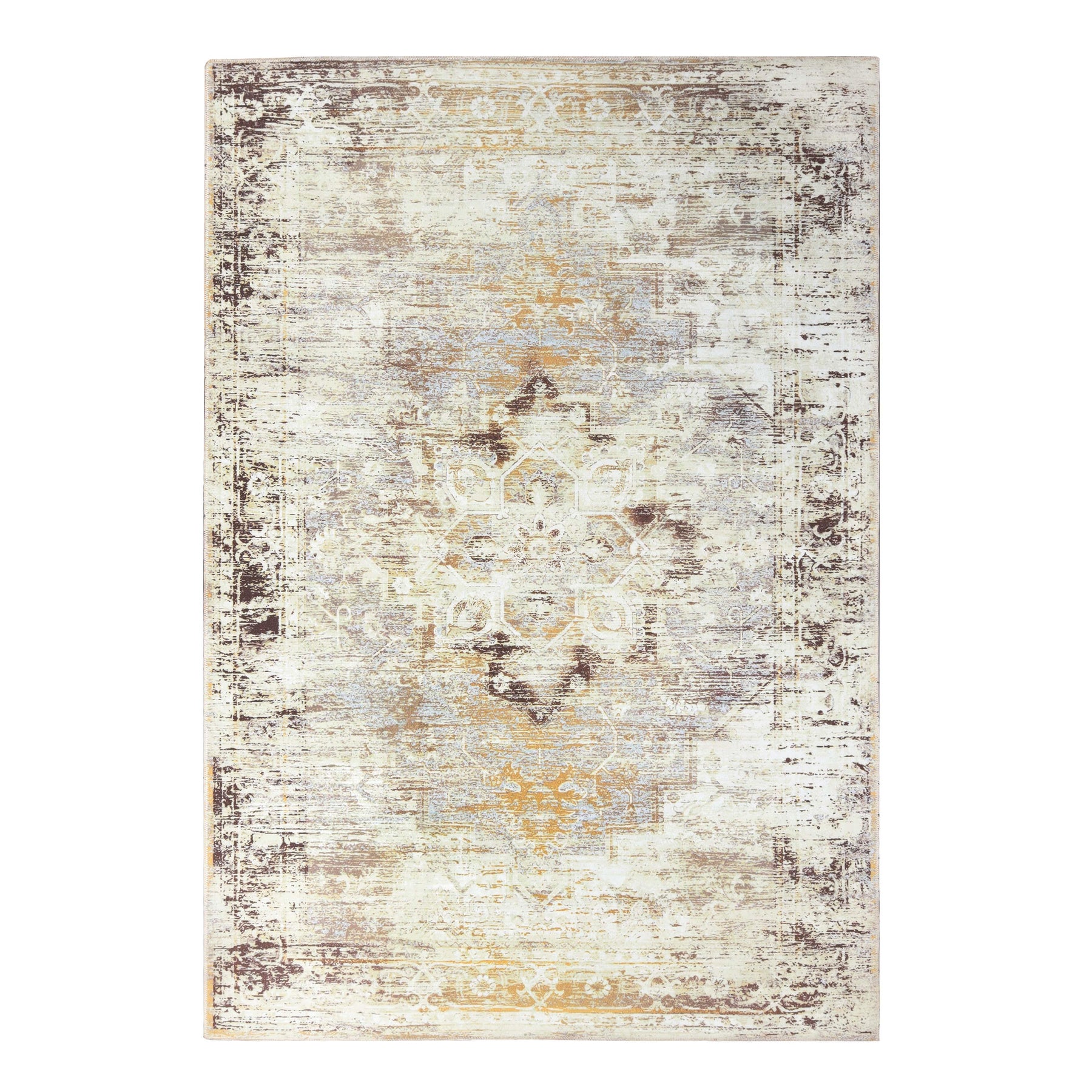 Dove Rustic Distressed Faded Medallion Washable Indoor Area Rug