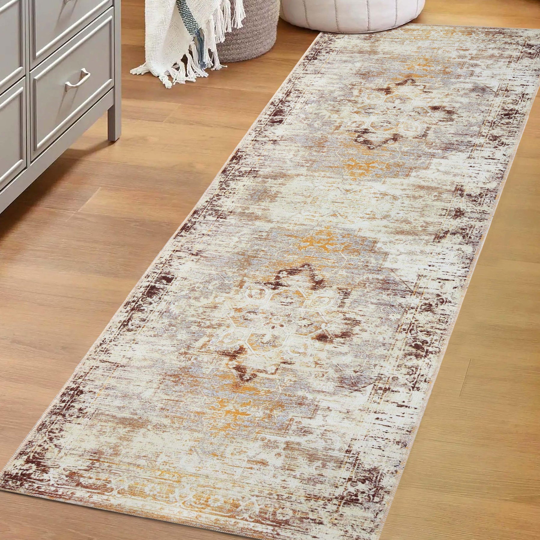 Dove Rustic Distressed Faded Medallion Washable Indoor Area Rug