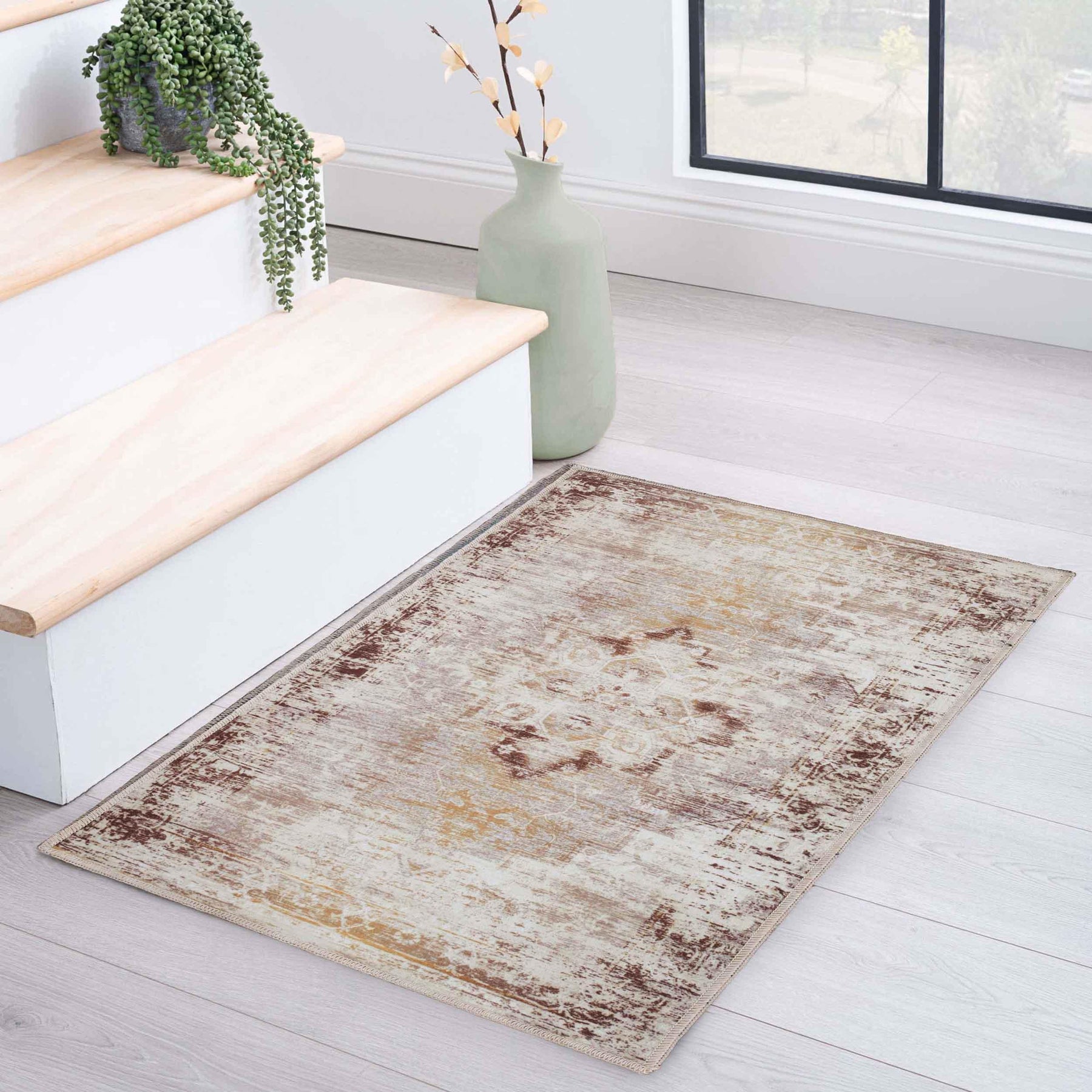 Dove Rustic Distressed Faded Medallion Washable Indoor Area Rug