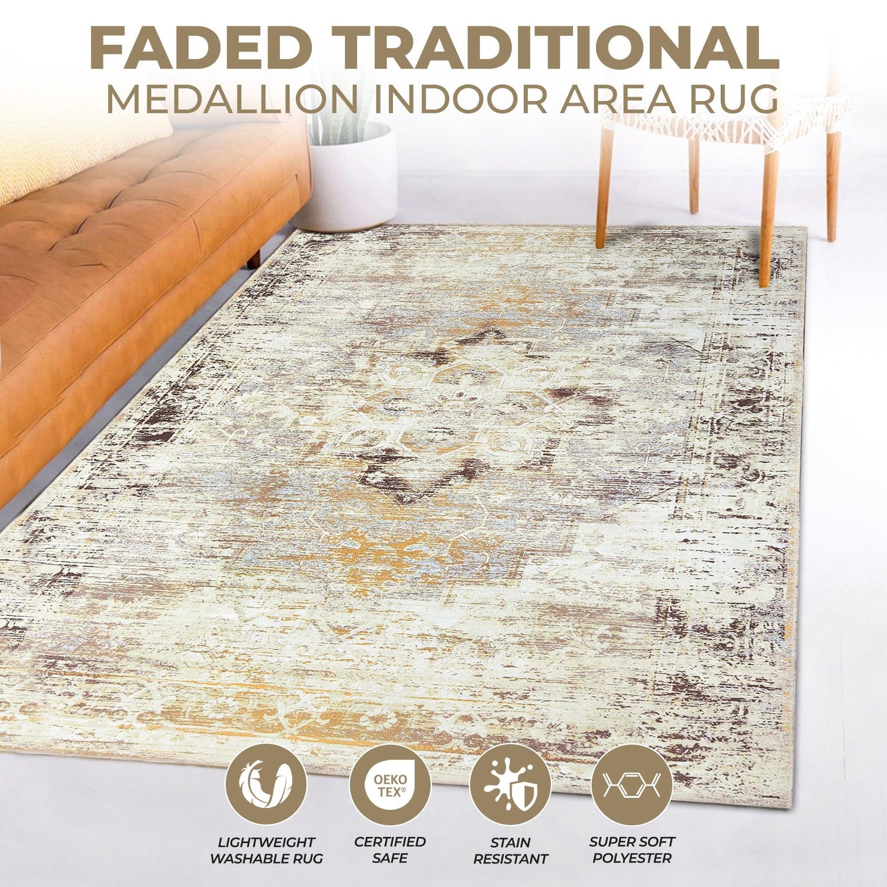 Dove Rustic Distressed Faded Medallion Washable Indoor Area Rug