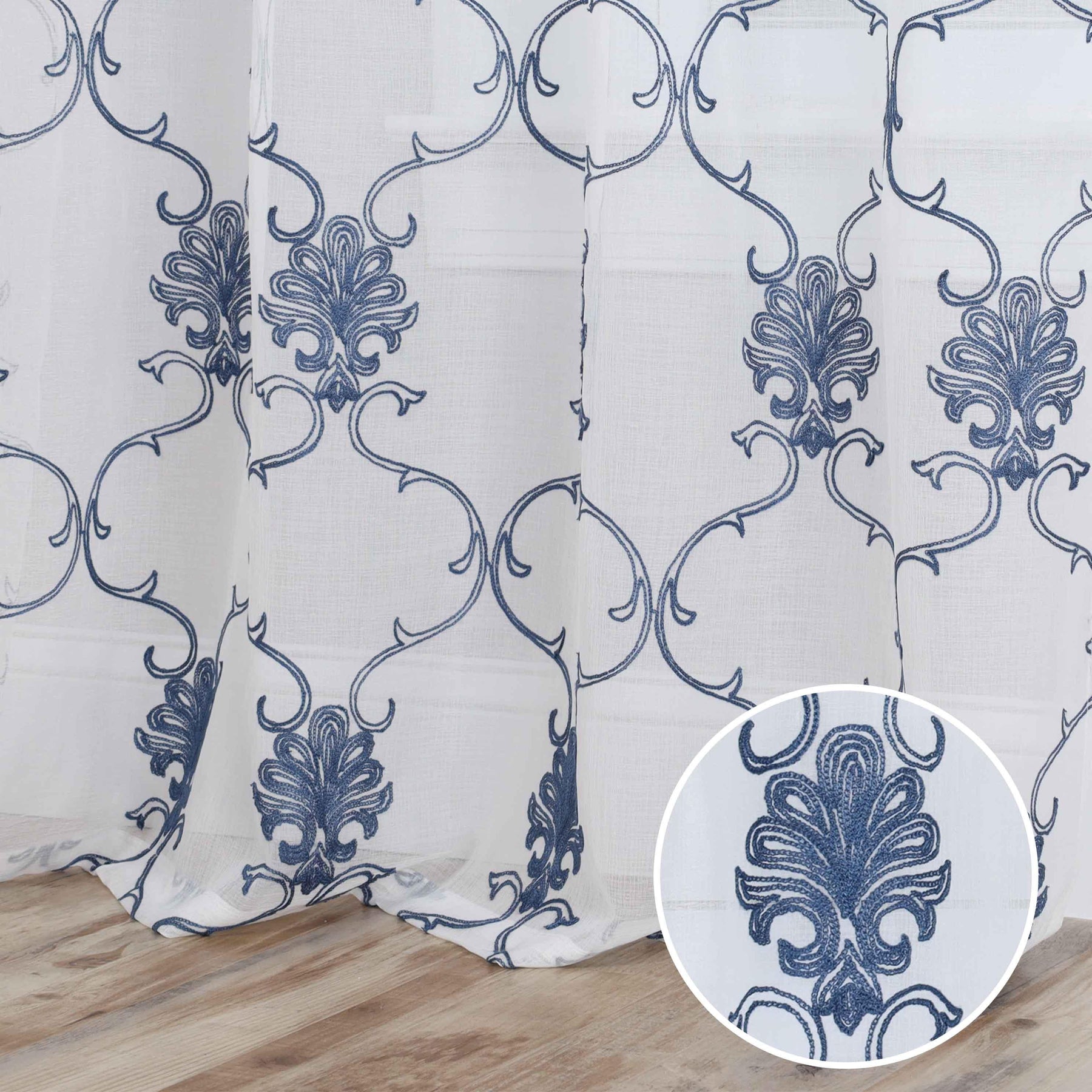 Embroidered Elegant Scroll Sheer Grommet Curtain Panel Set