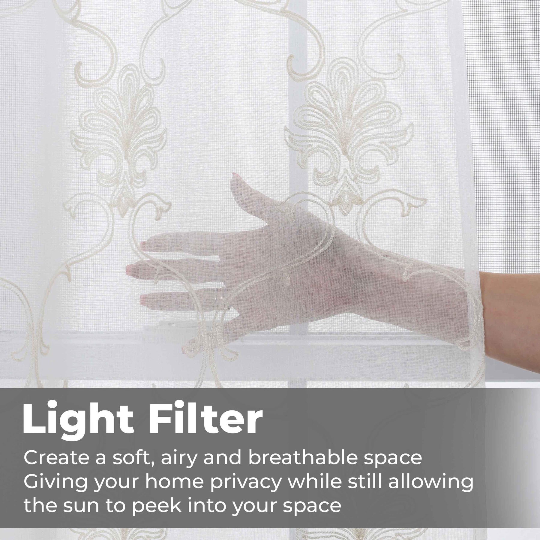 Embroidered Elegant Scroll Sheer Grommet Curtain Panel Set