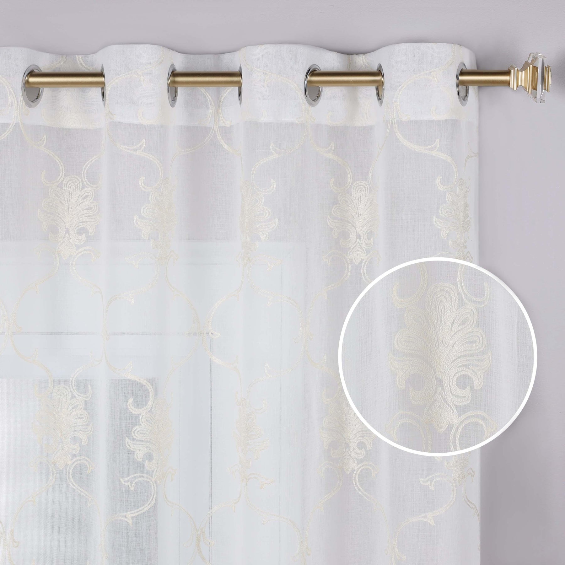 Embroidered Elegant Scroll Sheer Grommet Curtain Panel Set