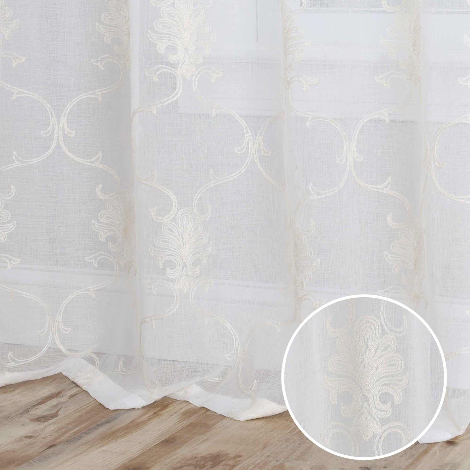 Embroidered Elegant Scroll Sheer Grommet Curtain Panel Set