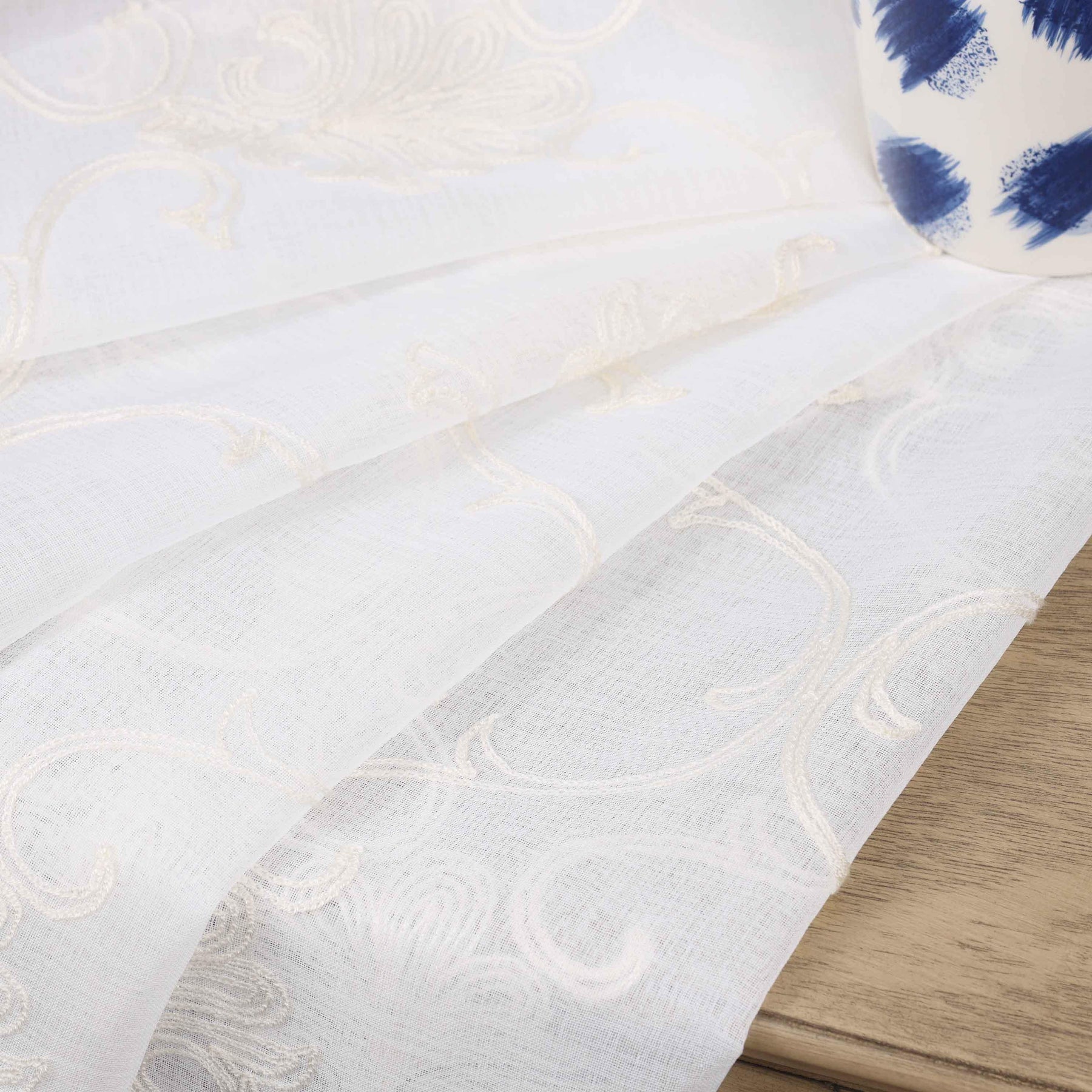 Embroidered Elegant Scroll Sheer Grommet Curtain Panel Set