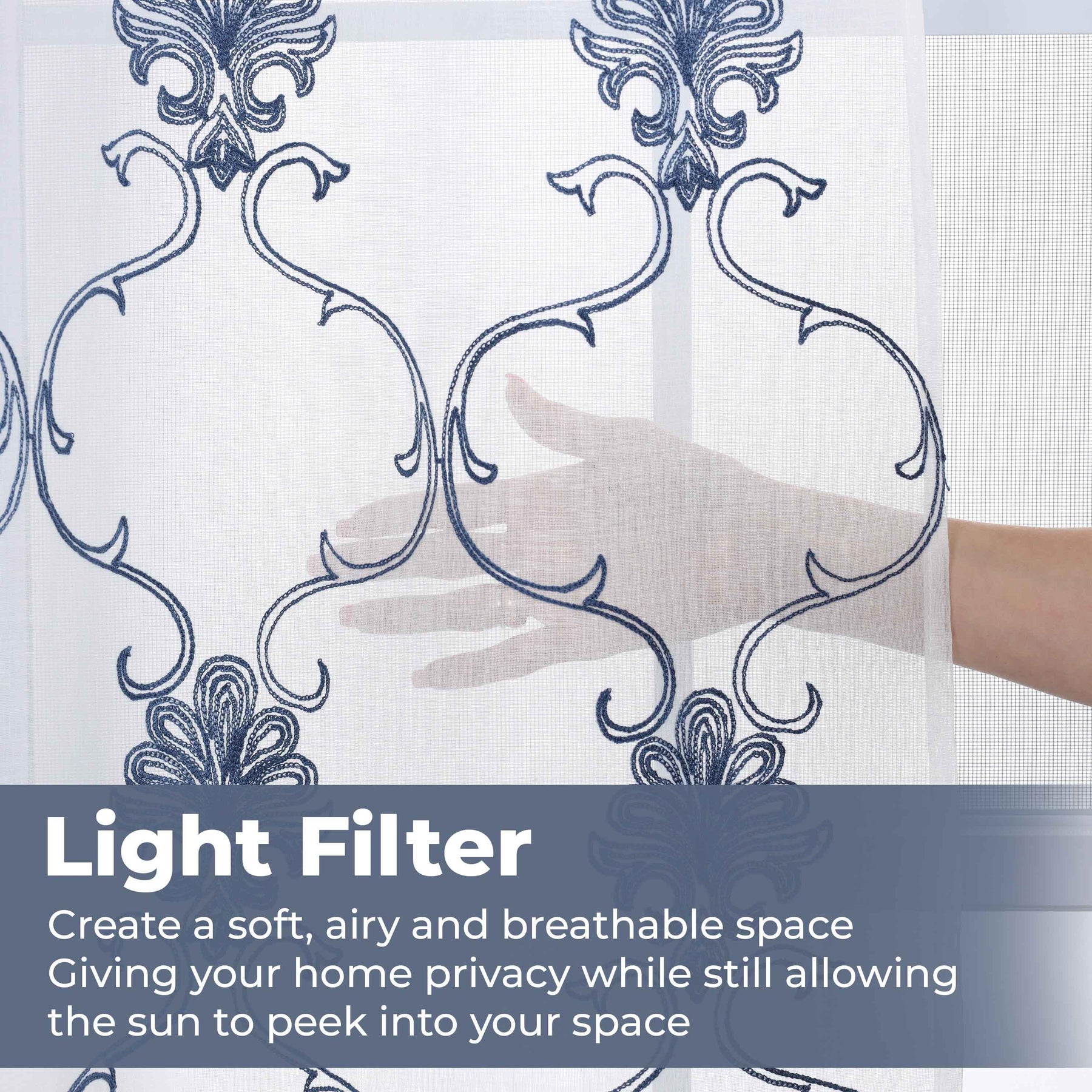 Embroidered Elegant Scroll Sheer Grommet Curtain Panel Set