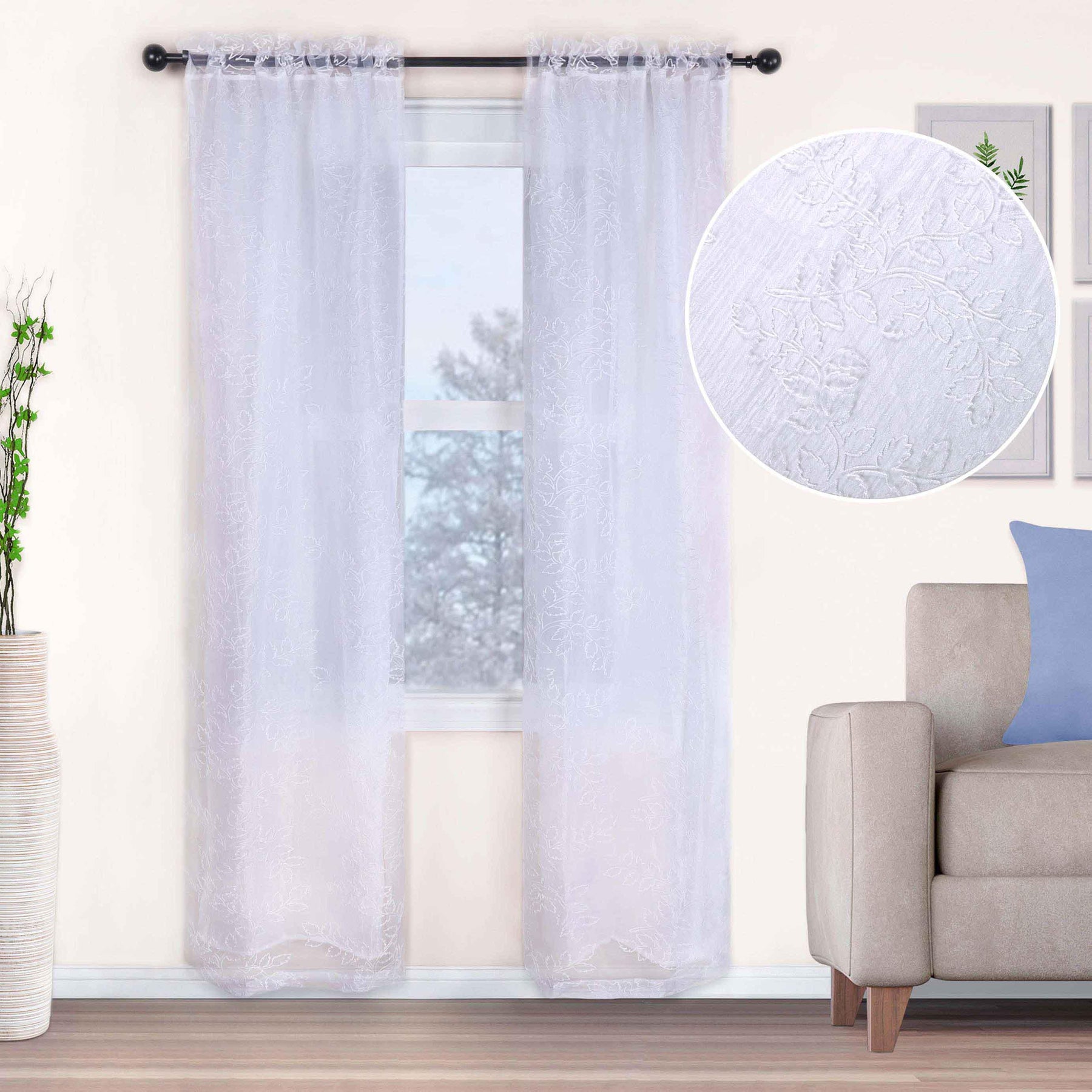 Embroidered Foliage Grommet Sheer Curtain Panel Set