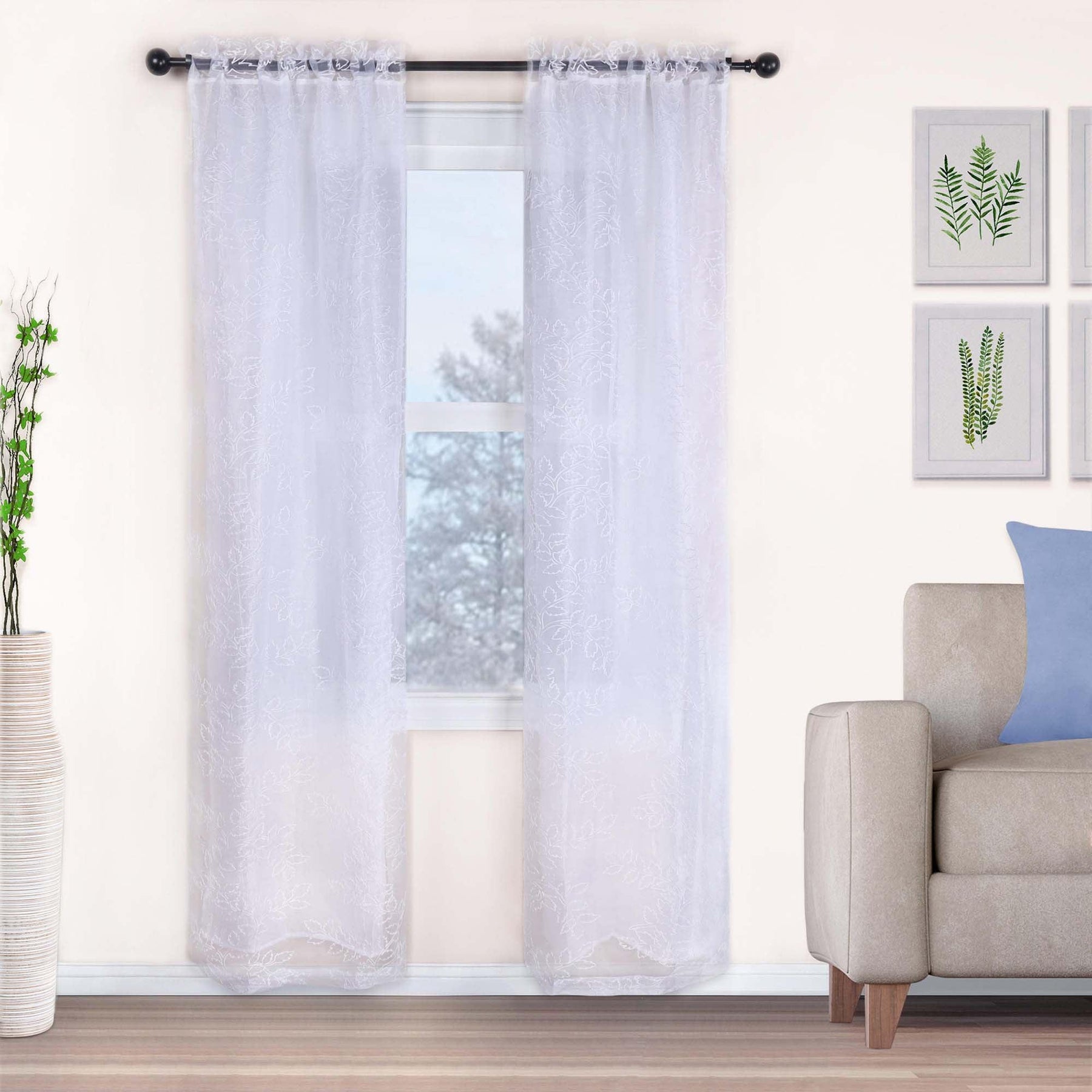 Embroidered Foliage Grommet Sheer Curtain Panel Set