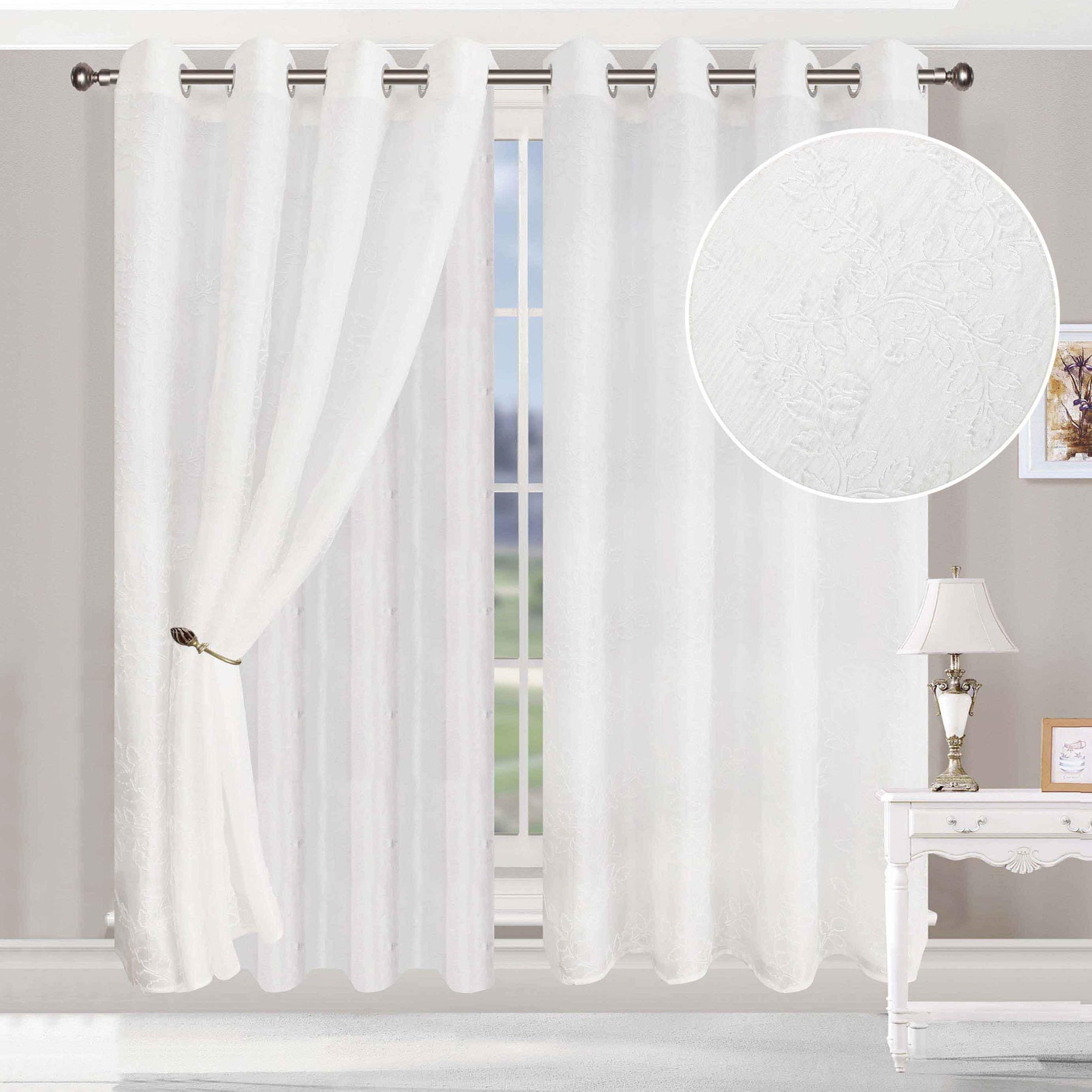 Embroidered Foliage Grommet Sheer Curtain Panel Set