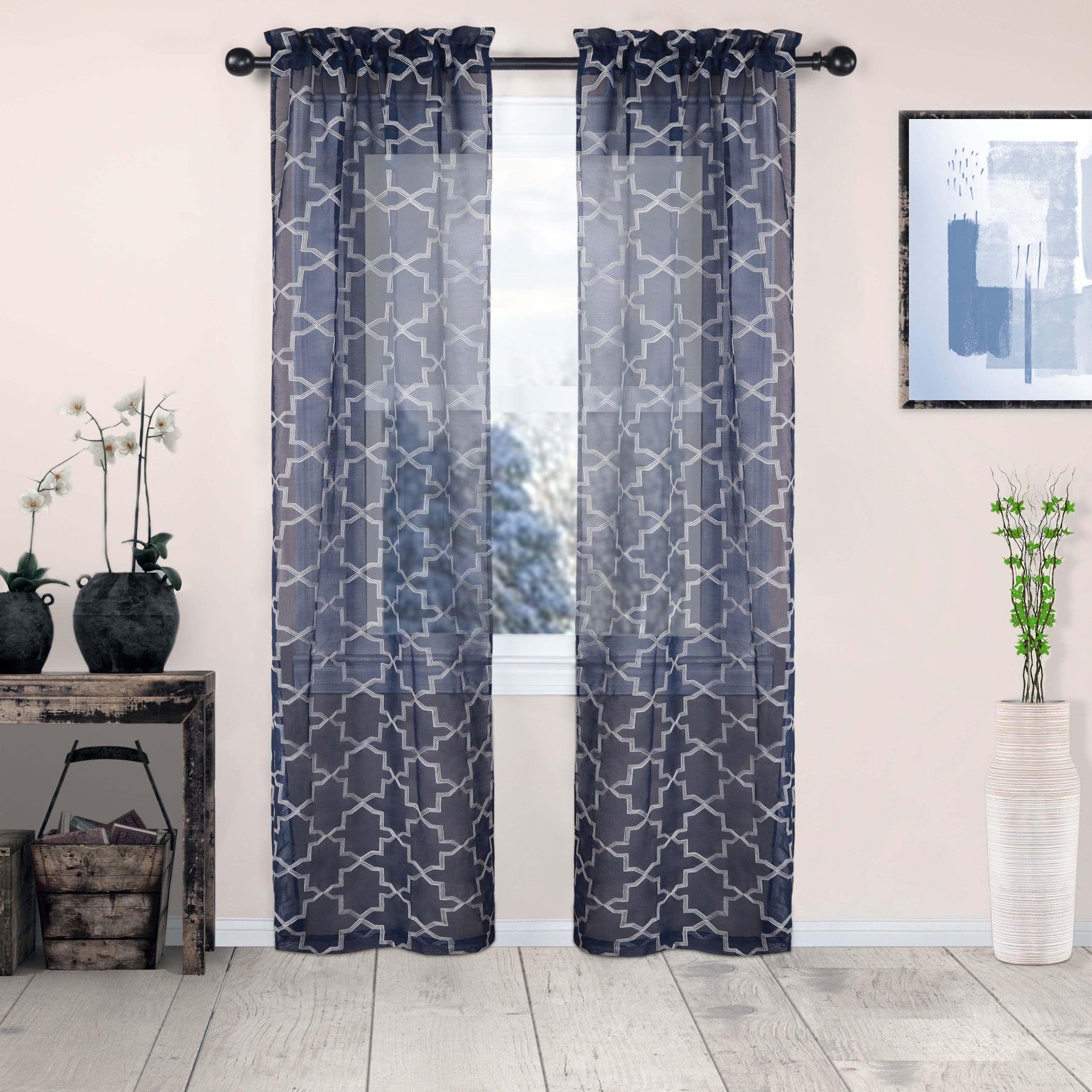 Embroidered Quatrefoil Semi Sheer 2 Piece Curtain Panel Set