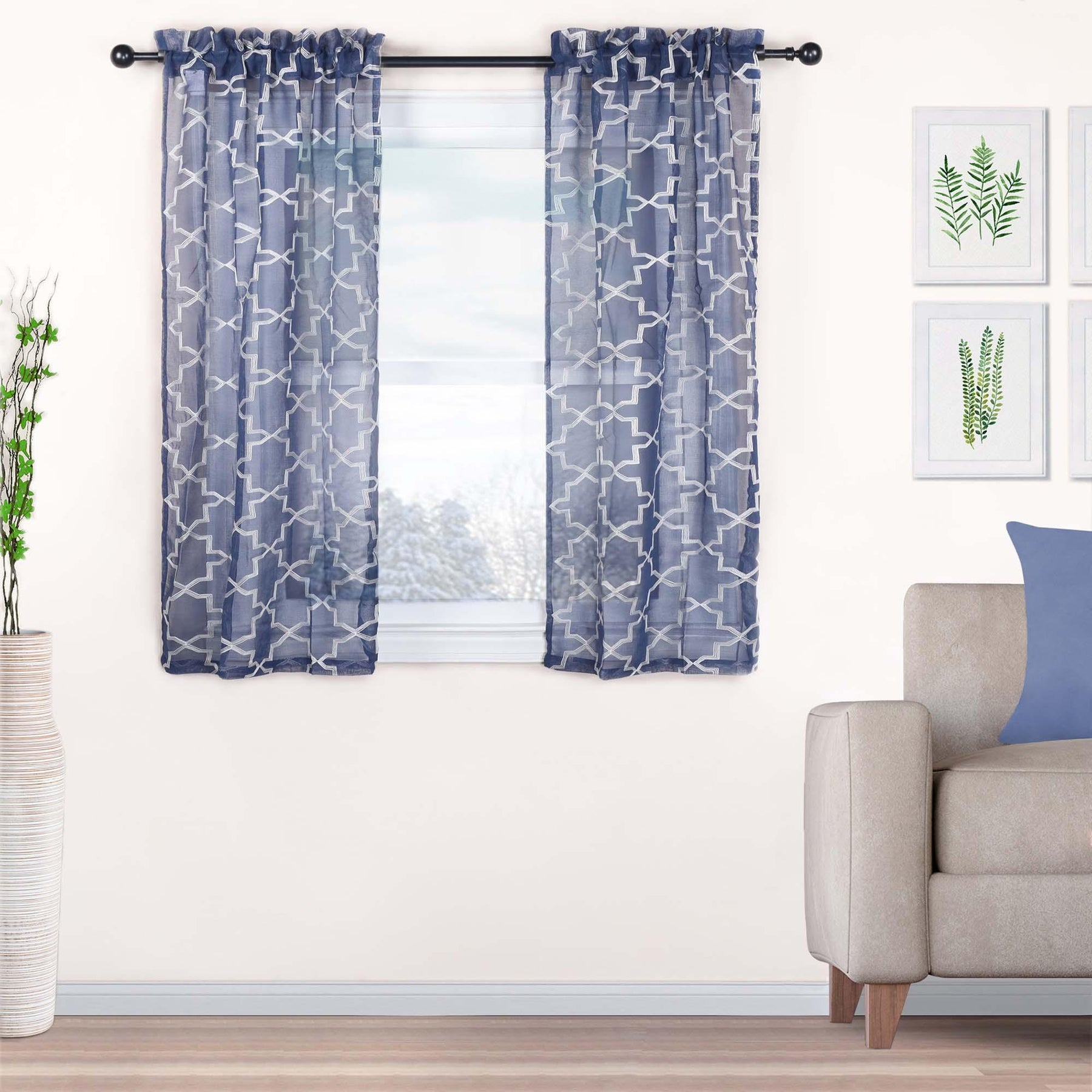 Embroidered Quatrefoil Semi Sheer 2 Piece Curtain Panel Set