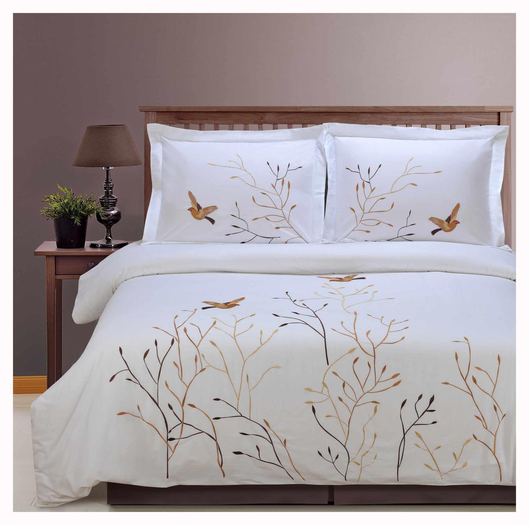 Embroidered Swallow and Floral Cotton Duvet Cover Set