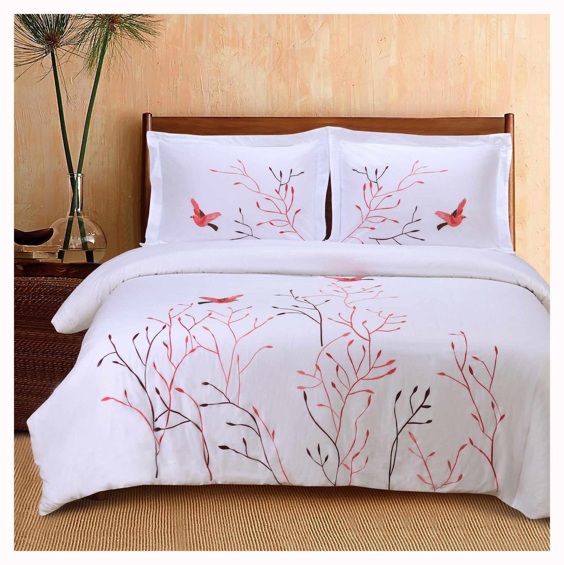 Embroidered Swallow and Floral Cotton Duvet Cover Set