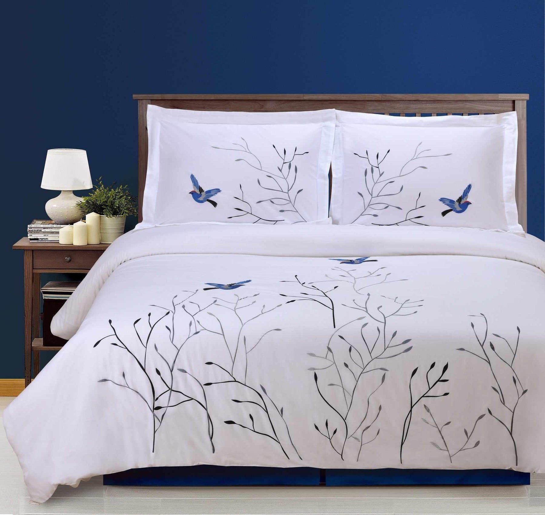 Embroidered Swallow and Floral Cotton Duvet Cover Set