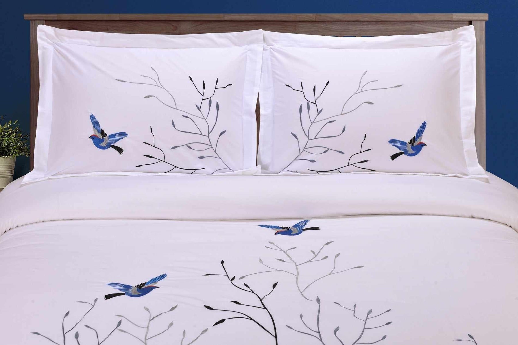 Embroidered Swallow and Floral Cotton Duvet Cover Set
