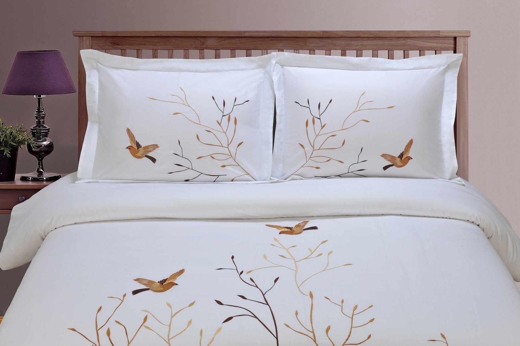Embroidered Swallow and Floral Cotton Duvet Cover Set