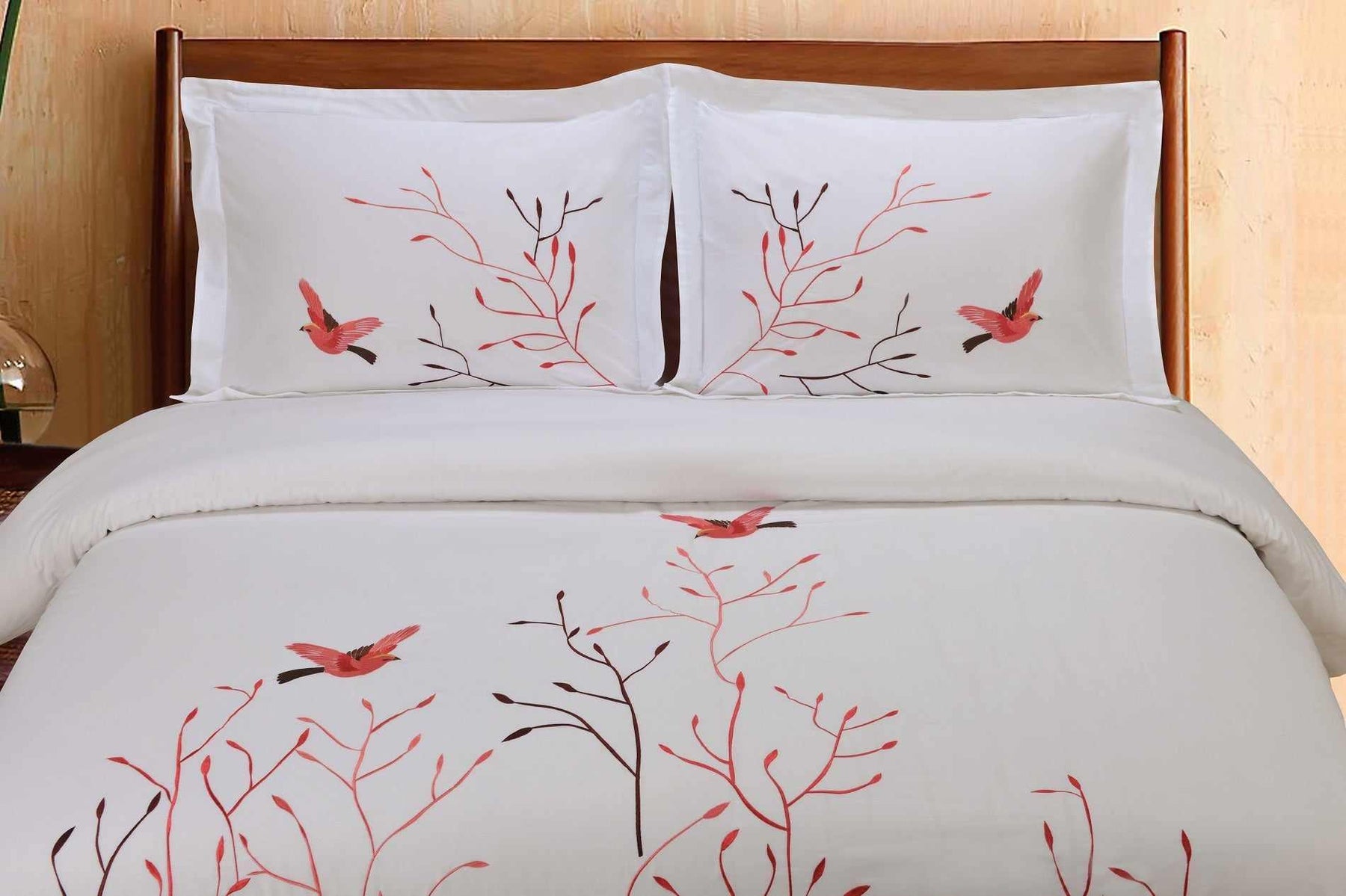Embroidered Swallow and Floral Cotton Duvet Cover Set