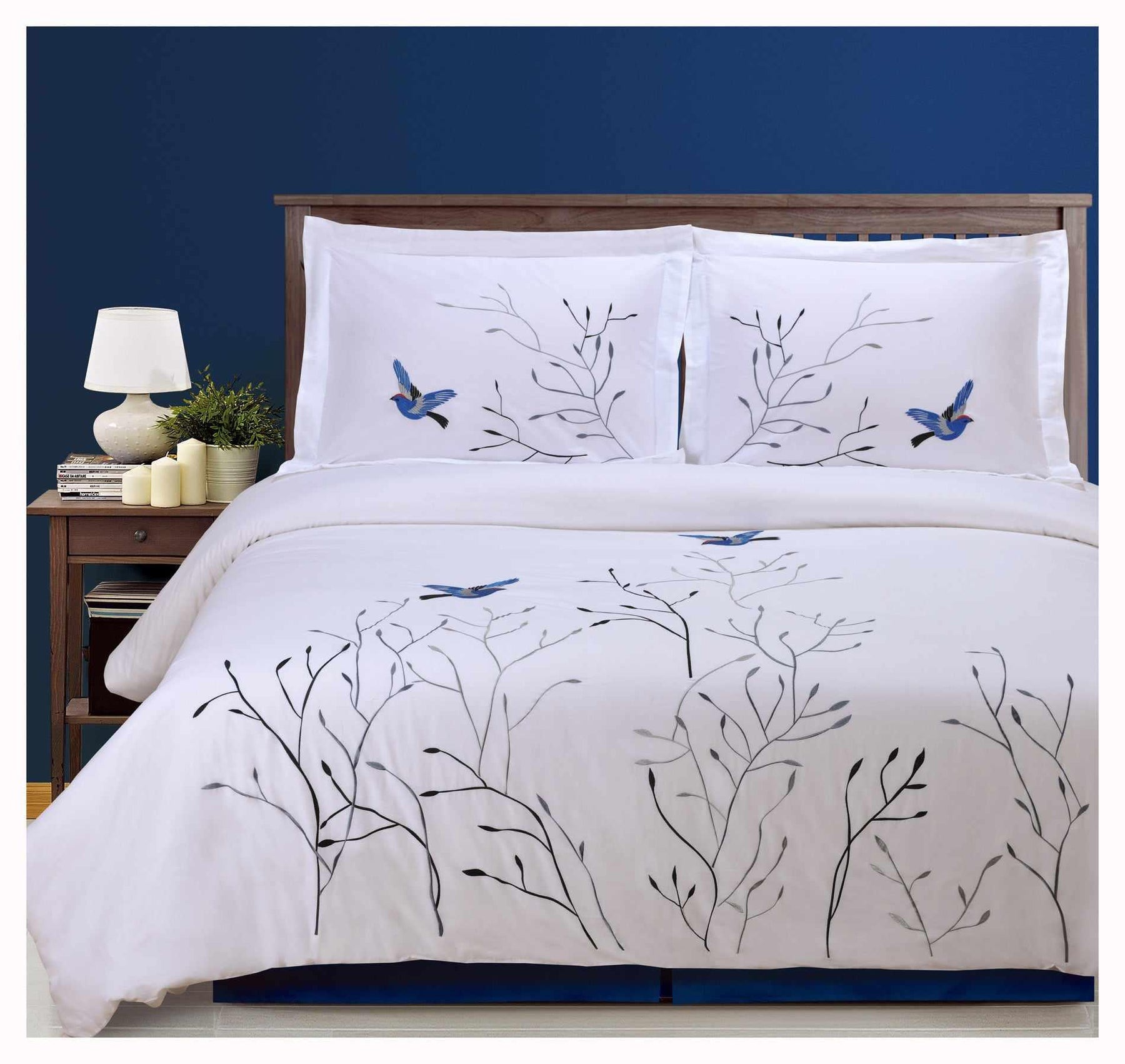 Embroidered Swallow and Floral Cotton Duvet Cover Set