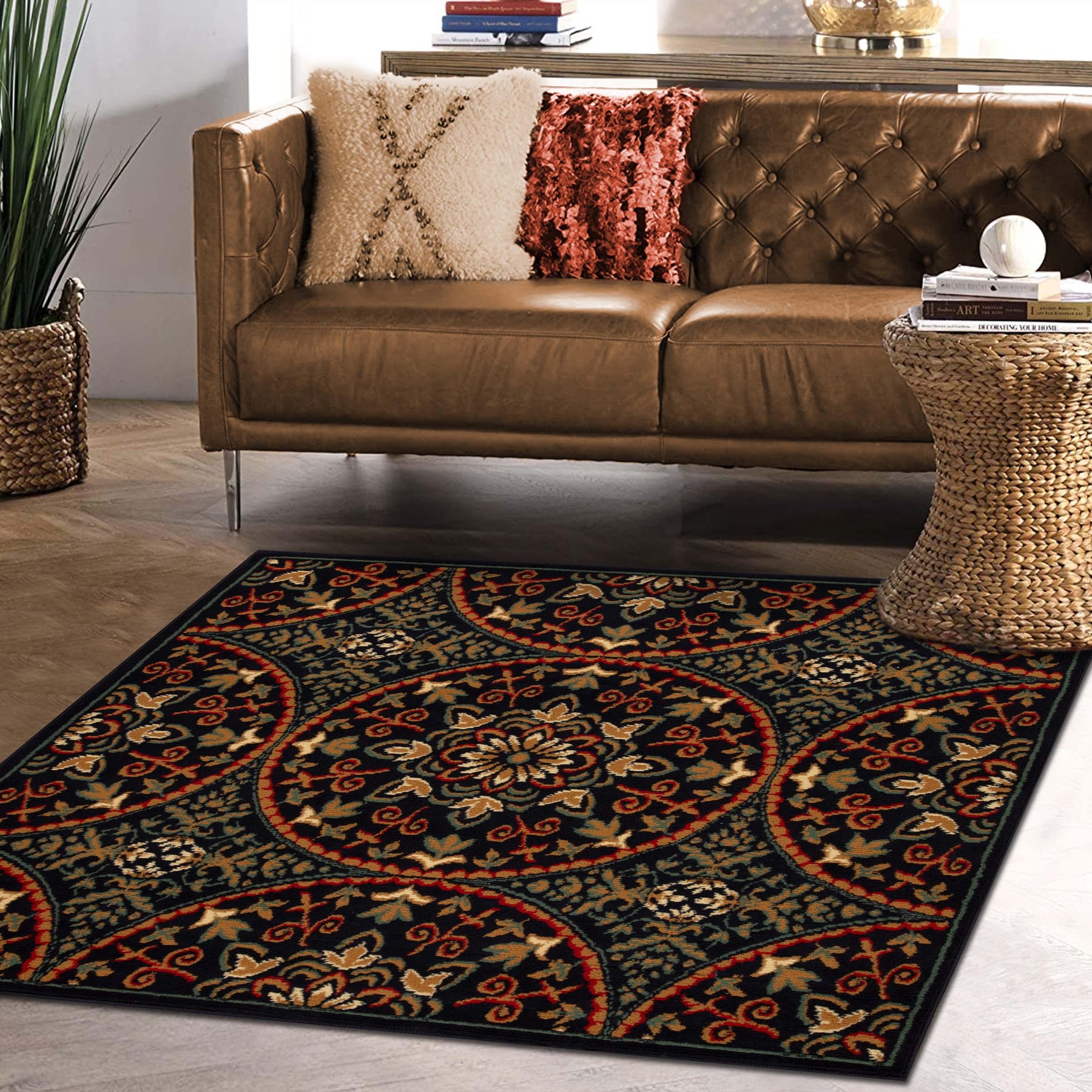 Fancy Geometric Medallion Floral Traditional Indoor Area Rug Midnight Blue
