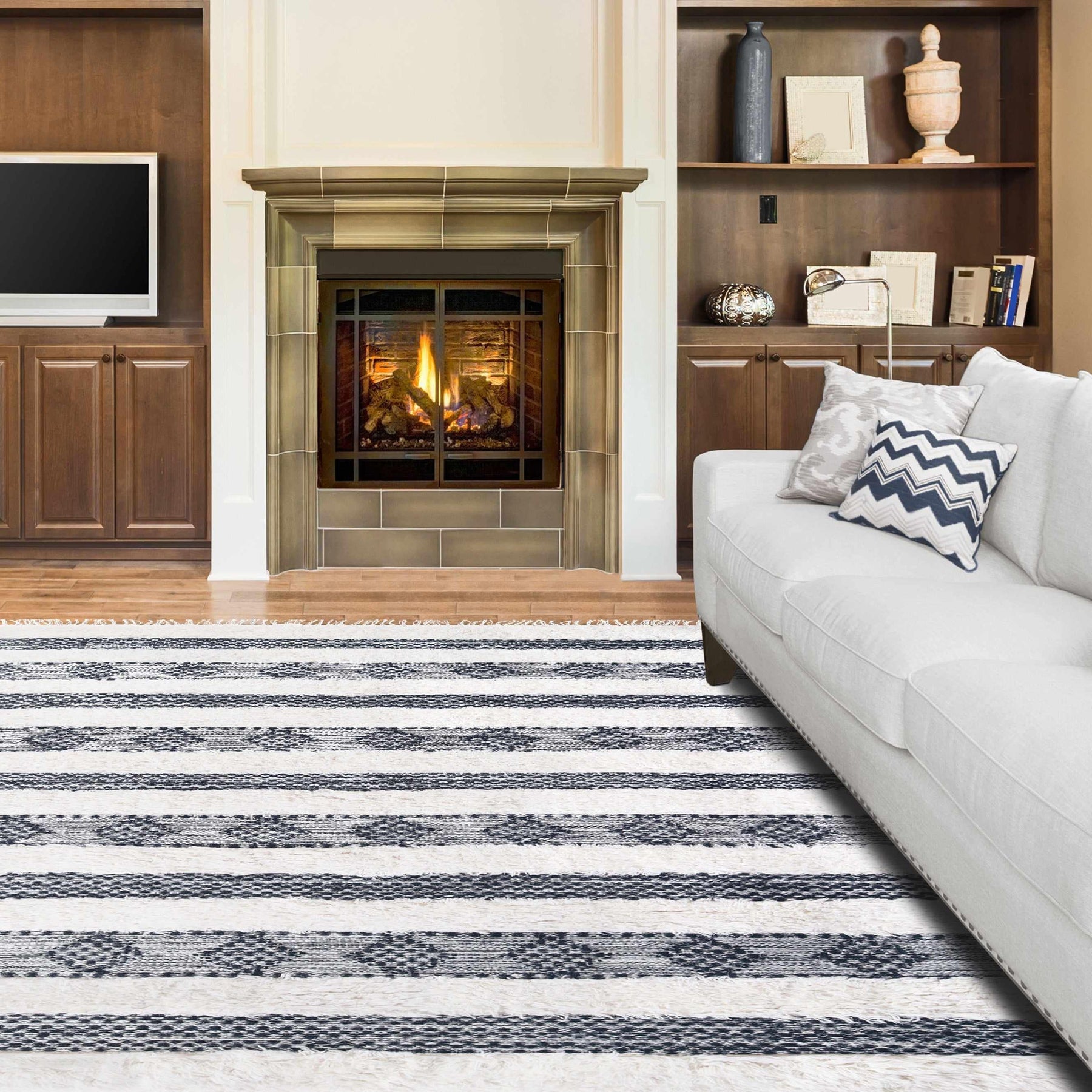 Farmhouse Wool Geometric Stripe Fringe Indoor Area or Runner Rug
