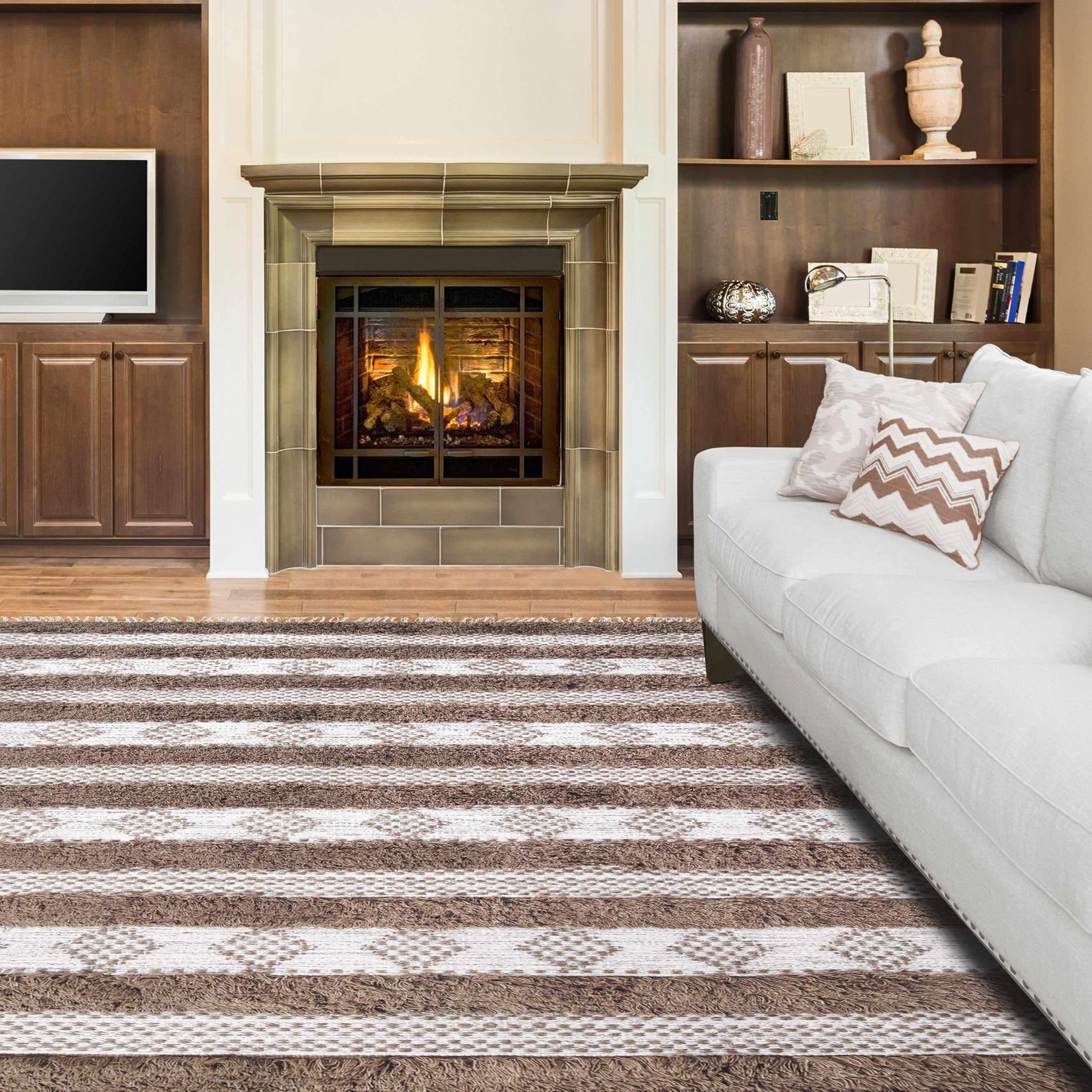 Farmhouse Wool Geometric Stripe Fringe Indoor Area or Runner Rug