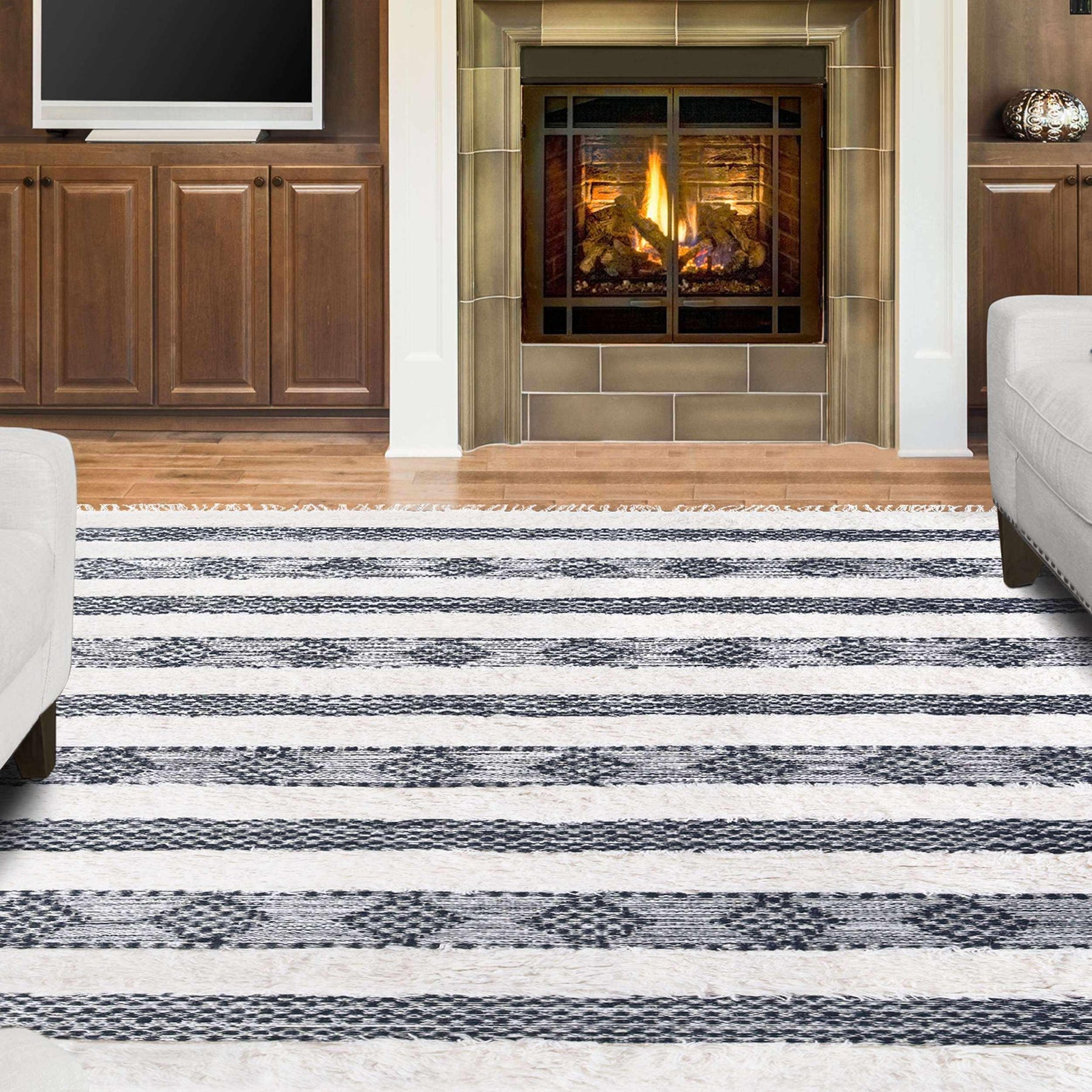Farmhouse Wool Geometric Stripe Fringe Indoor Area or Runner Rug