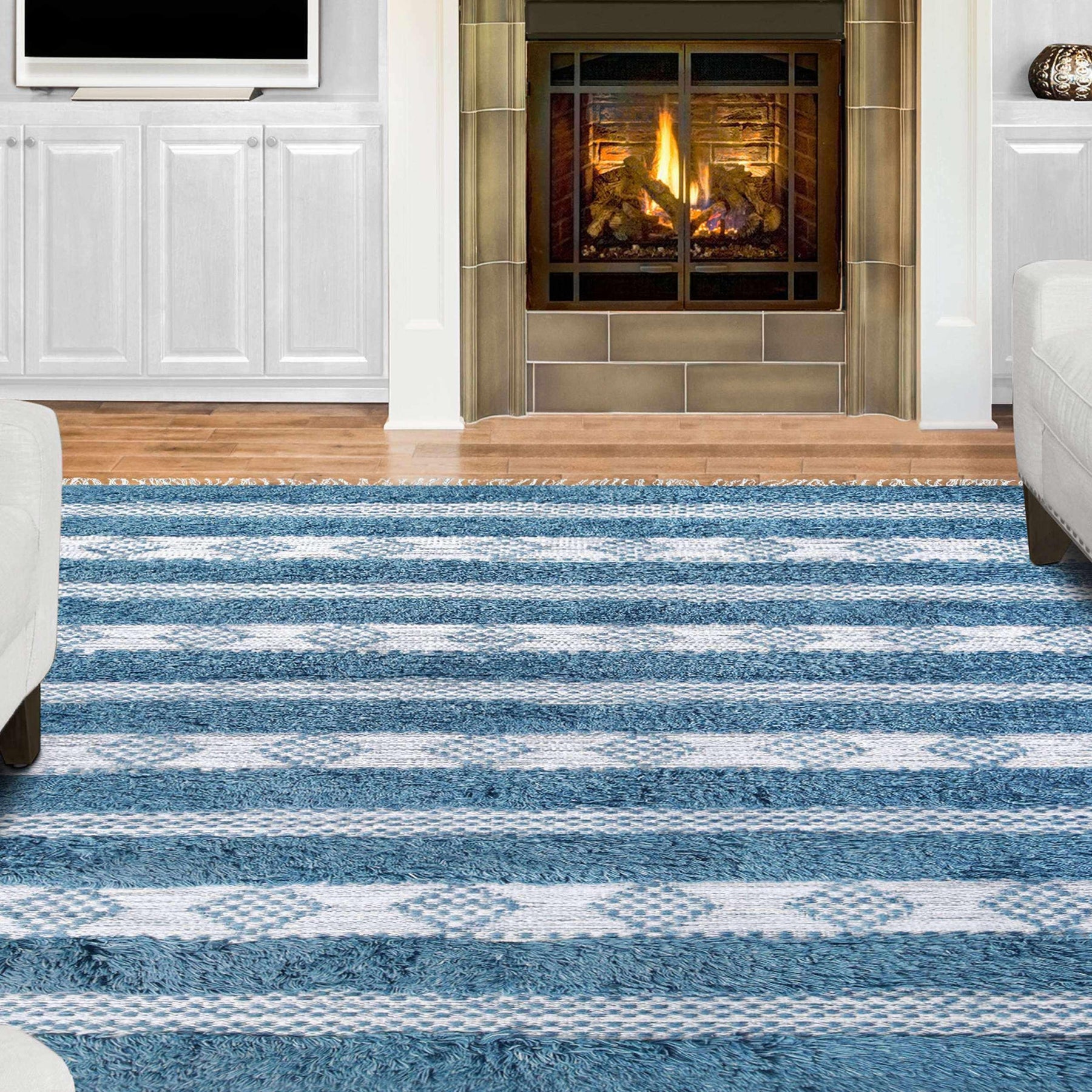 Farmhouse Wool Geometric Stripe Fringe Indoor Area or Runner Rug