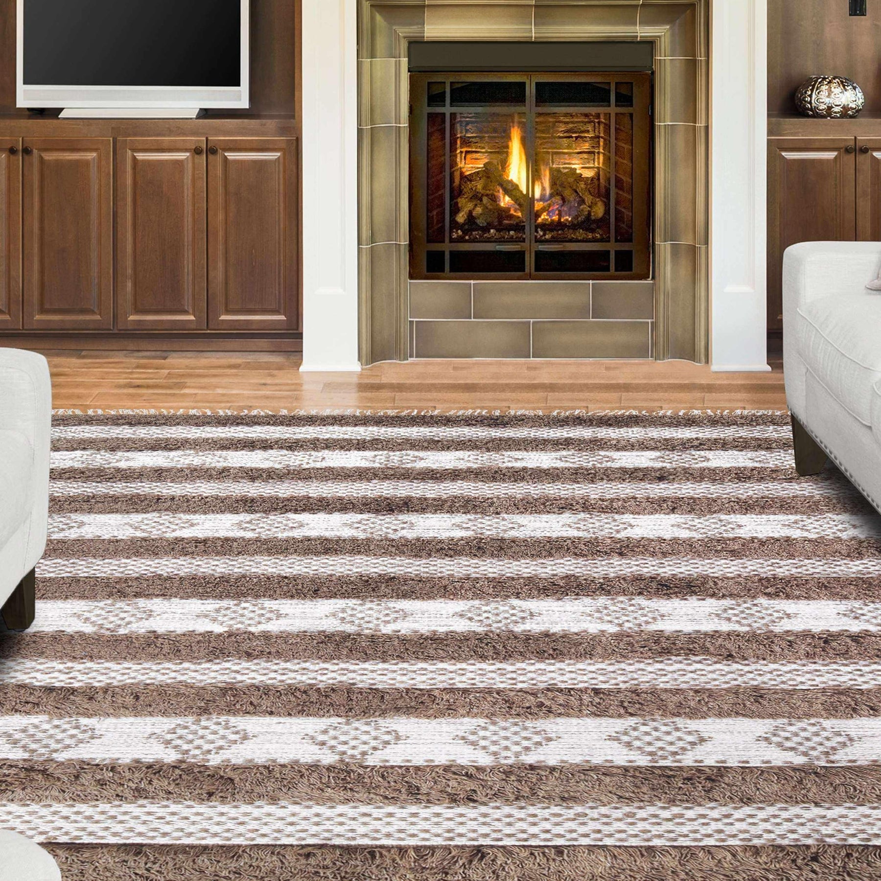 Farmhouse Wool Geometric Stripe Fringe Indoor Area or Runner Rug