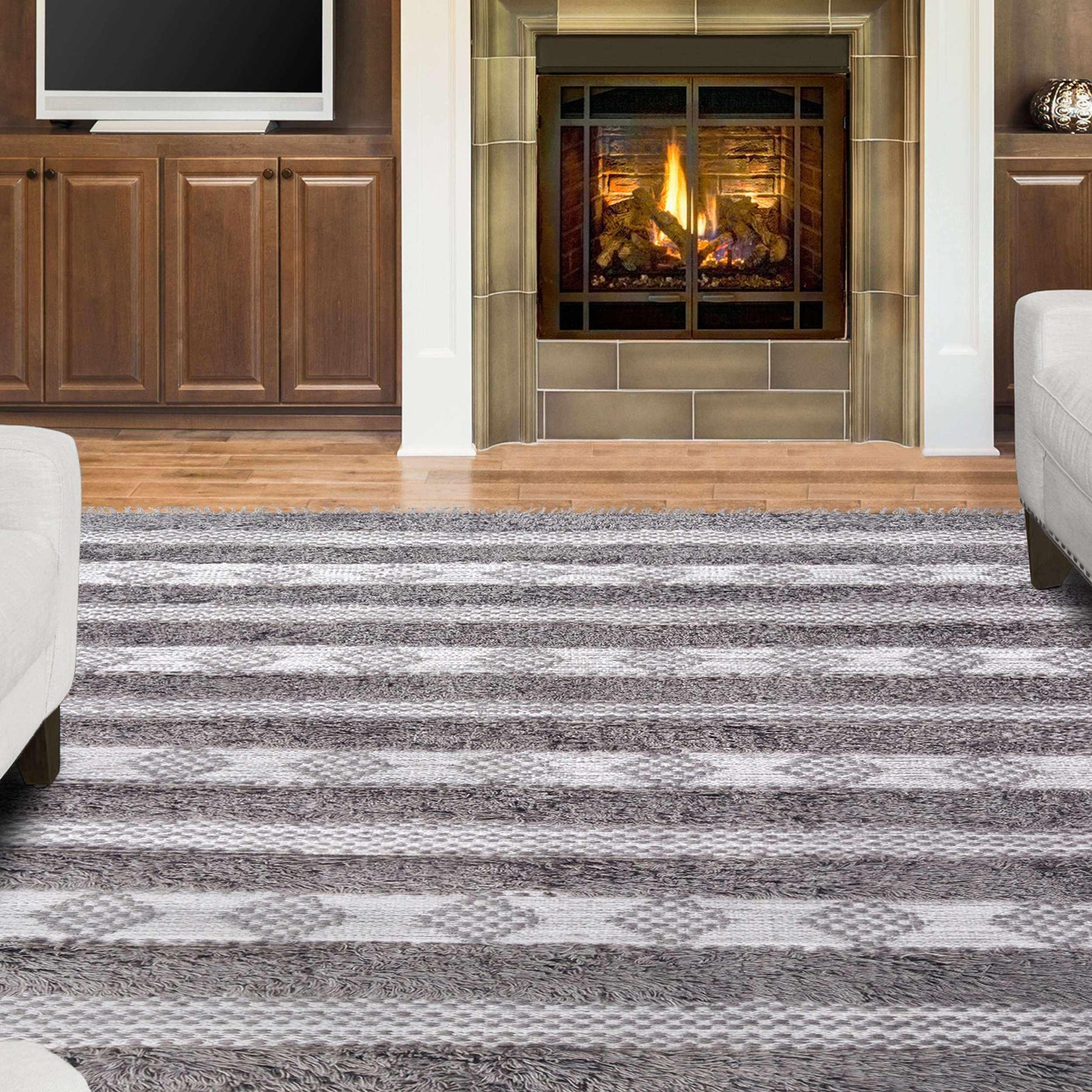 Farmhouse Wool Geometric Stripe Fringe Indoor Area or Runner Rug