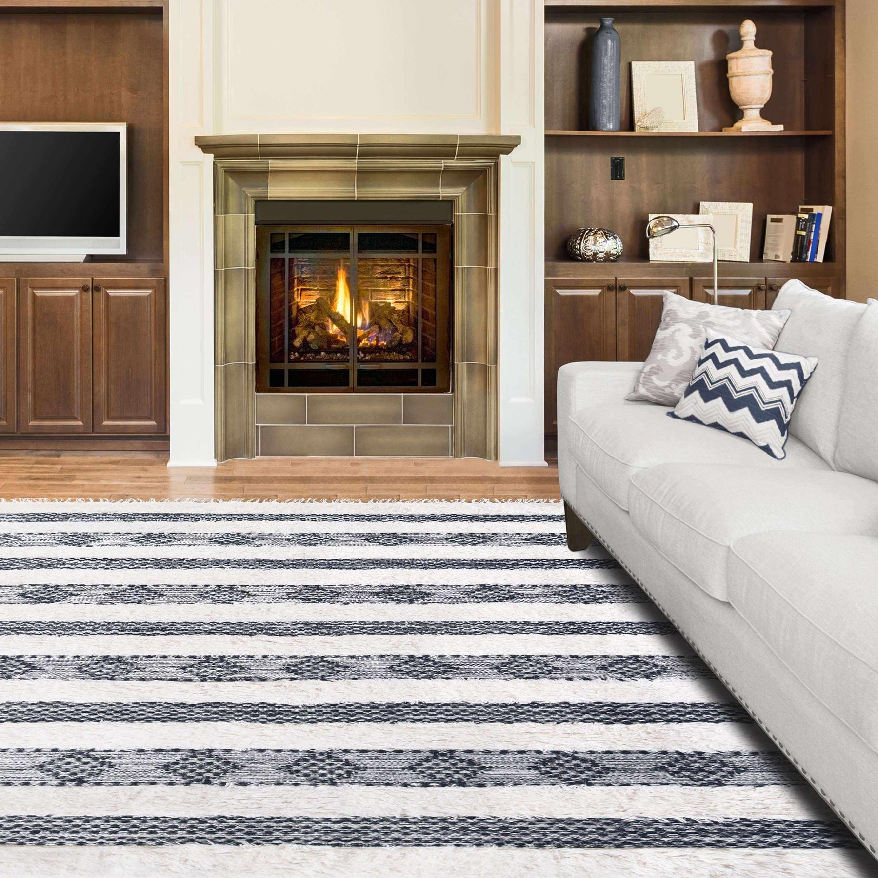 Farmhouse Wool Geometric Stripe Fringe Indoor Area or Runner Rug