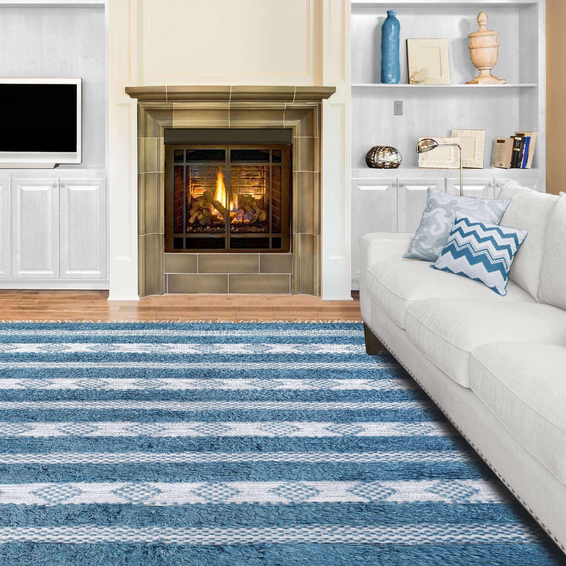 Farmhouse Wool Geometric Stripe Fringe Indoor Area or Runner Rug