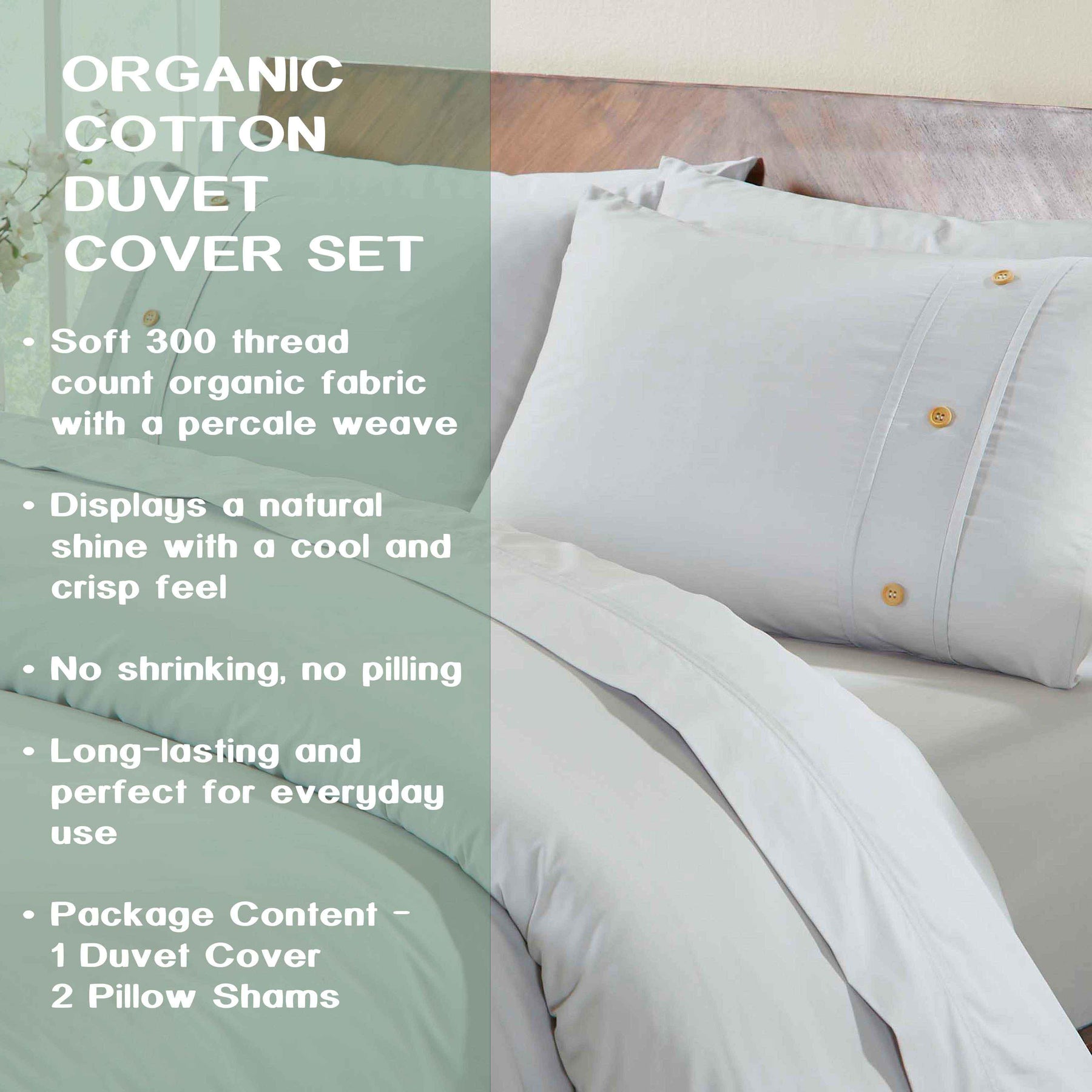 Gina Organic Cotton 300 Thread Count Percale 3 Piece Duvet Cover Set