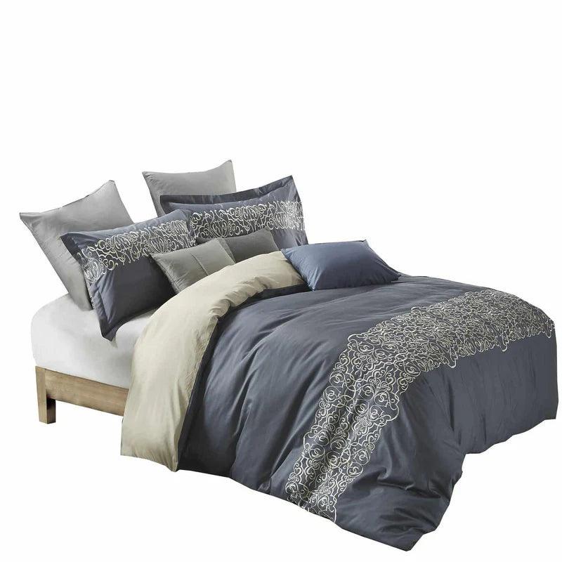 Harrison Embroidered Filigree Cotton Duvet Cover Set Gray