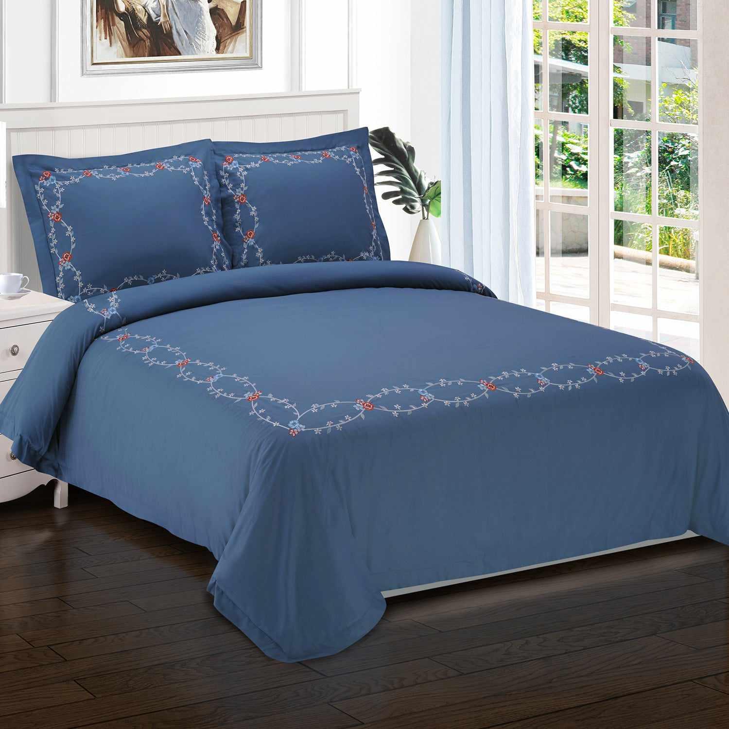 Helena Embroidered Floral Cotton Duvet Cover Set