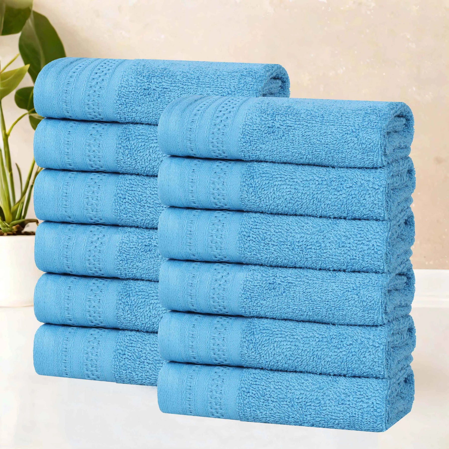 Honeycomb Textured Waffle Border Cotton Face Towels, Set of 12
