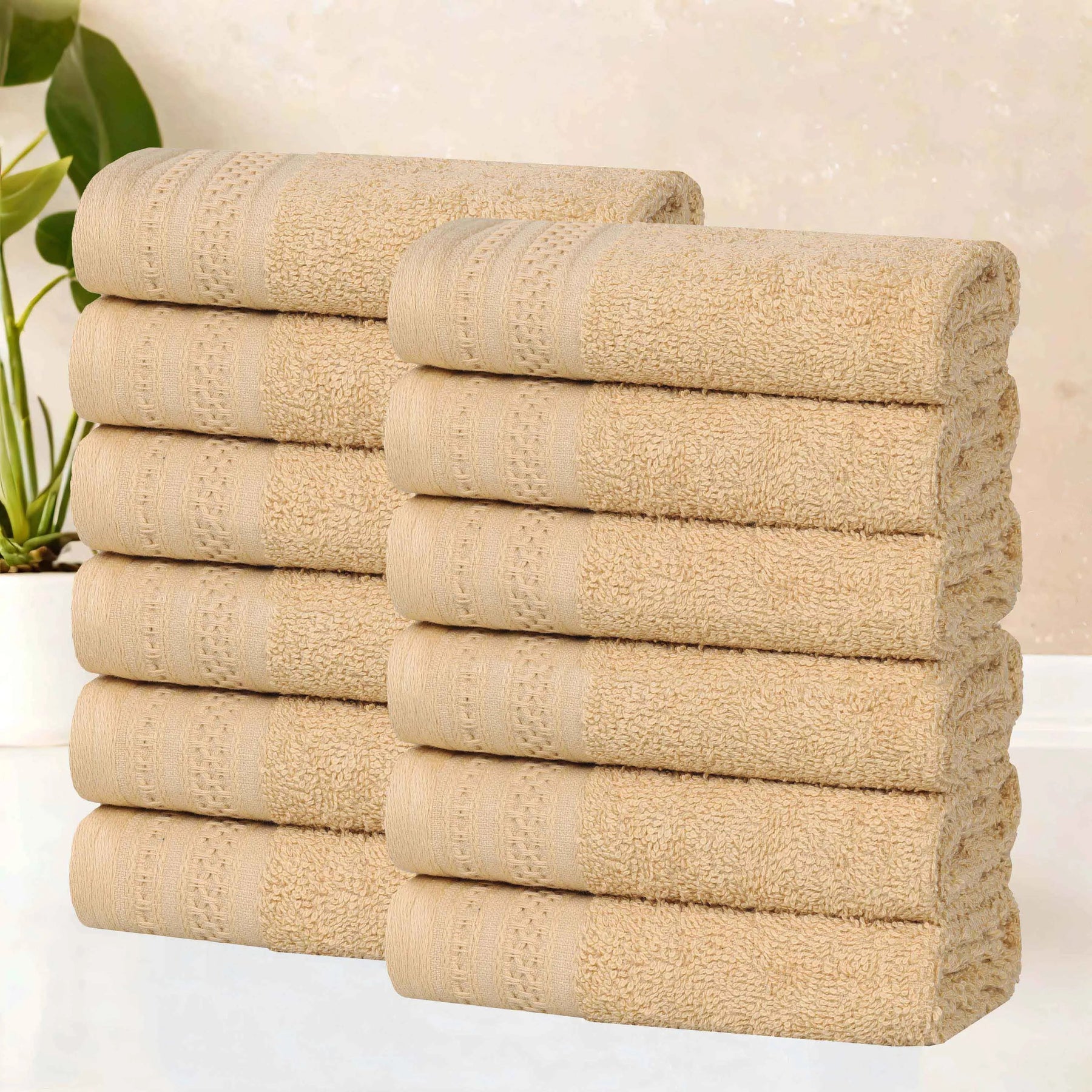 Honeycomb Textured Waffle Border Cotton Face Towels, Set of 12