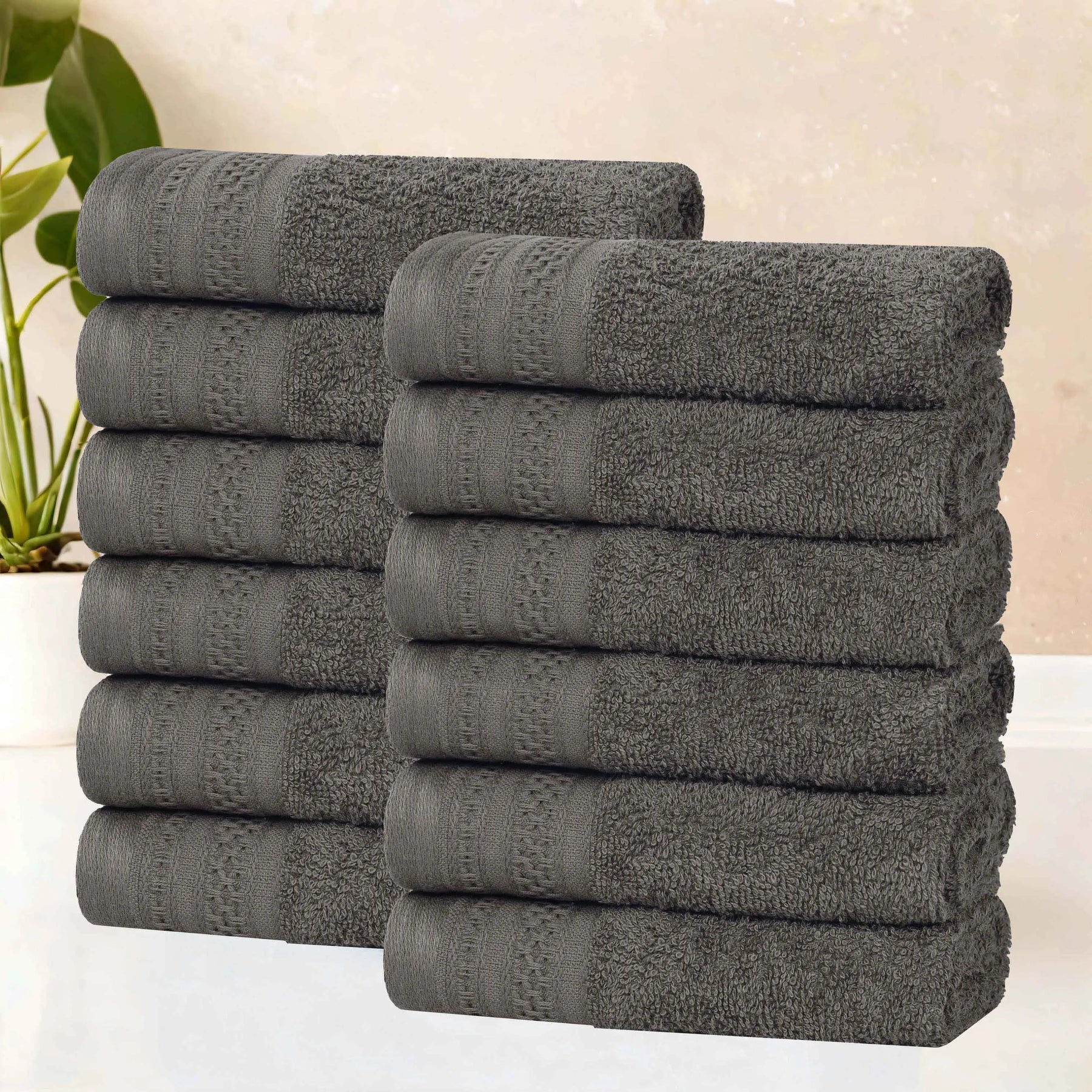 Honeycomb Textured Waffle Border Cotton Face Towels, Set of 12