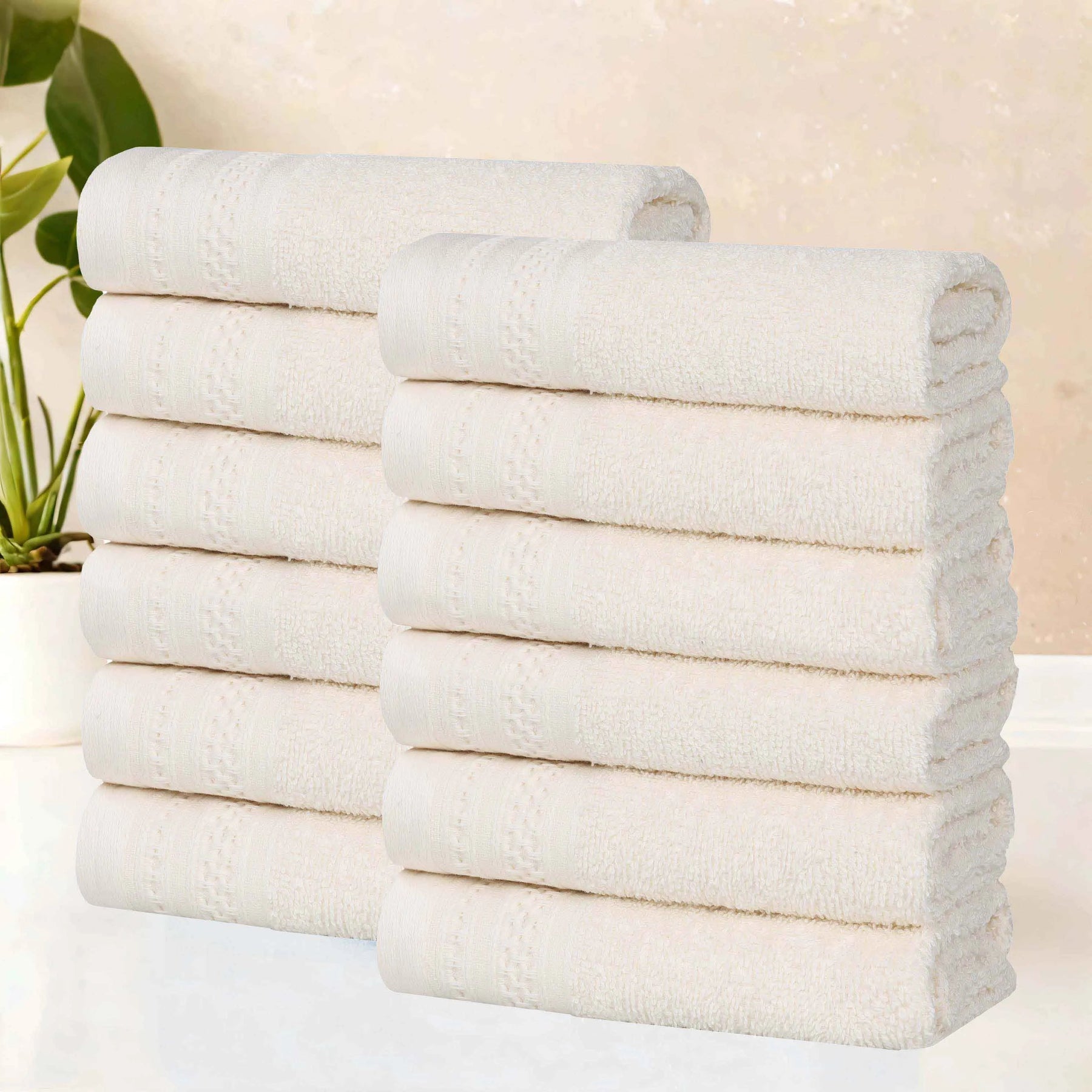 Honeycomb Textured Waffle Border Cotton Face Towels, Set of 12