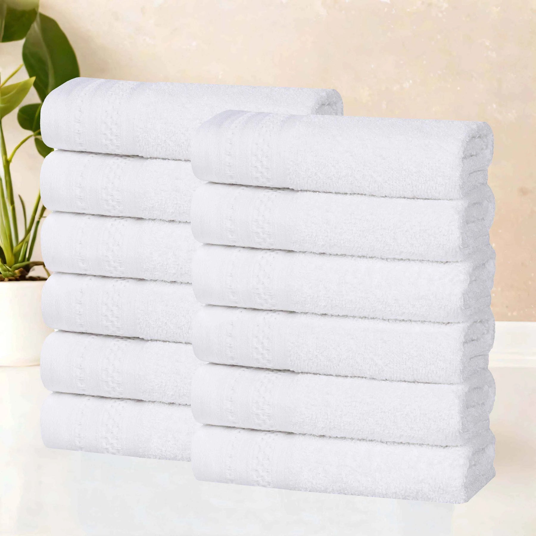 Honeycomb Textured Waffle Border Cotton Face Towels, Set of 12
