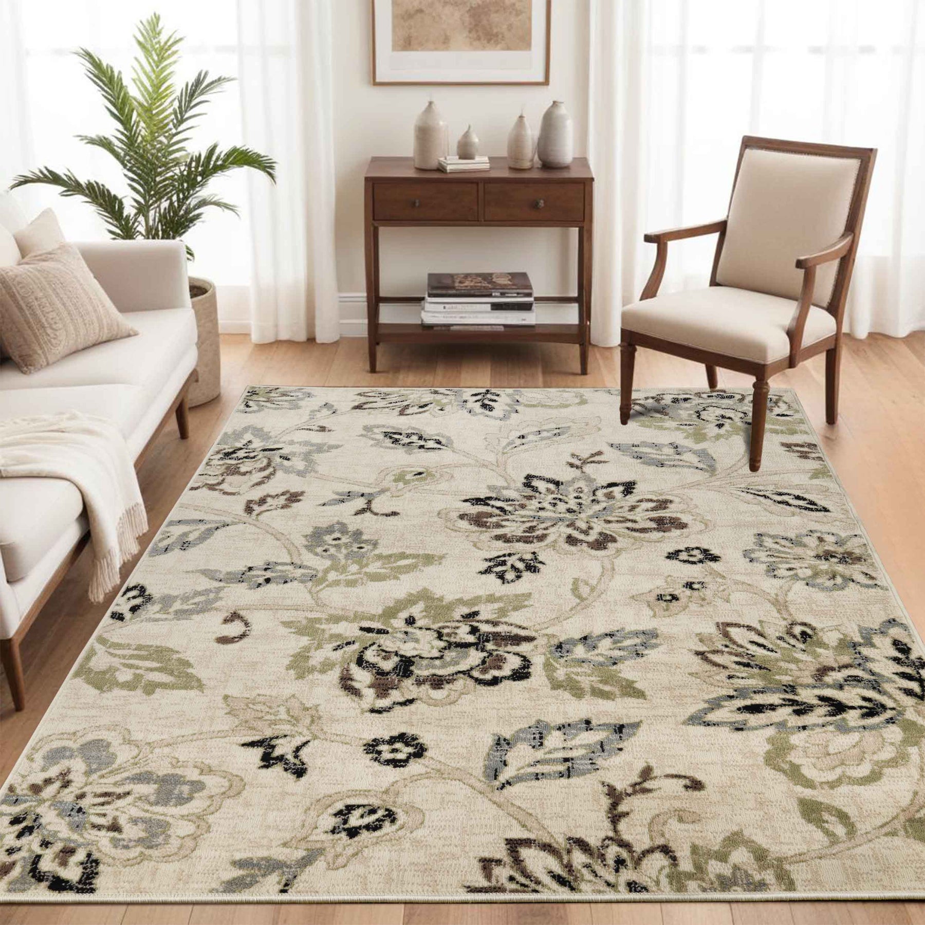 Jacobean Floral Modern Farmhouse Indoor Area Rug or Runner Rug