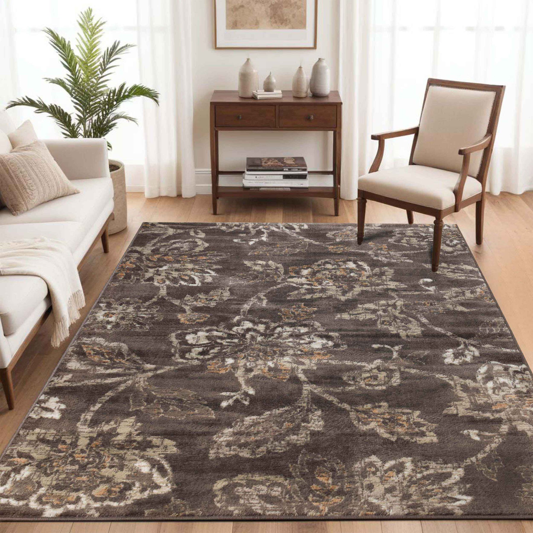 Jacobean Floral Modern Farmhouse Indoor Area Rug or Runner Rug